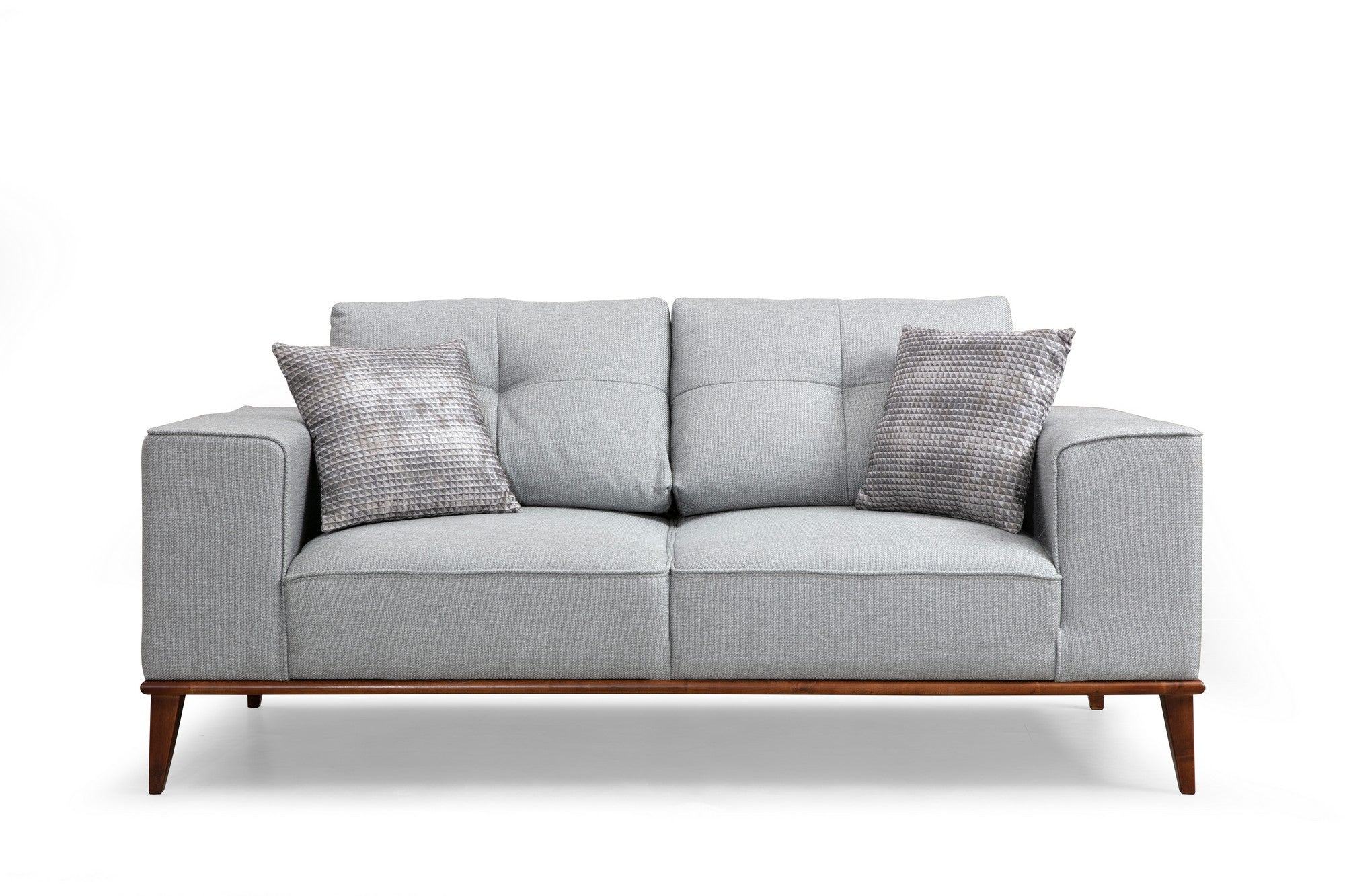 Sofá-cama elegante de 2 lugares, poliéster cinza, 184 x 91 x 85 cm | Estrutura em madeira de faia, pernas em nogueira, almofadas confortáveis de espuma | Perfeito para espaços modernos