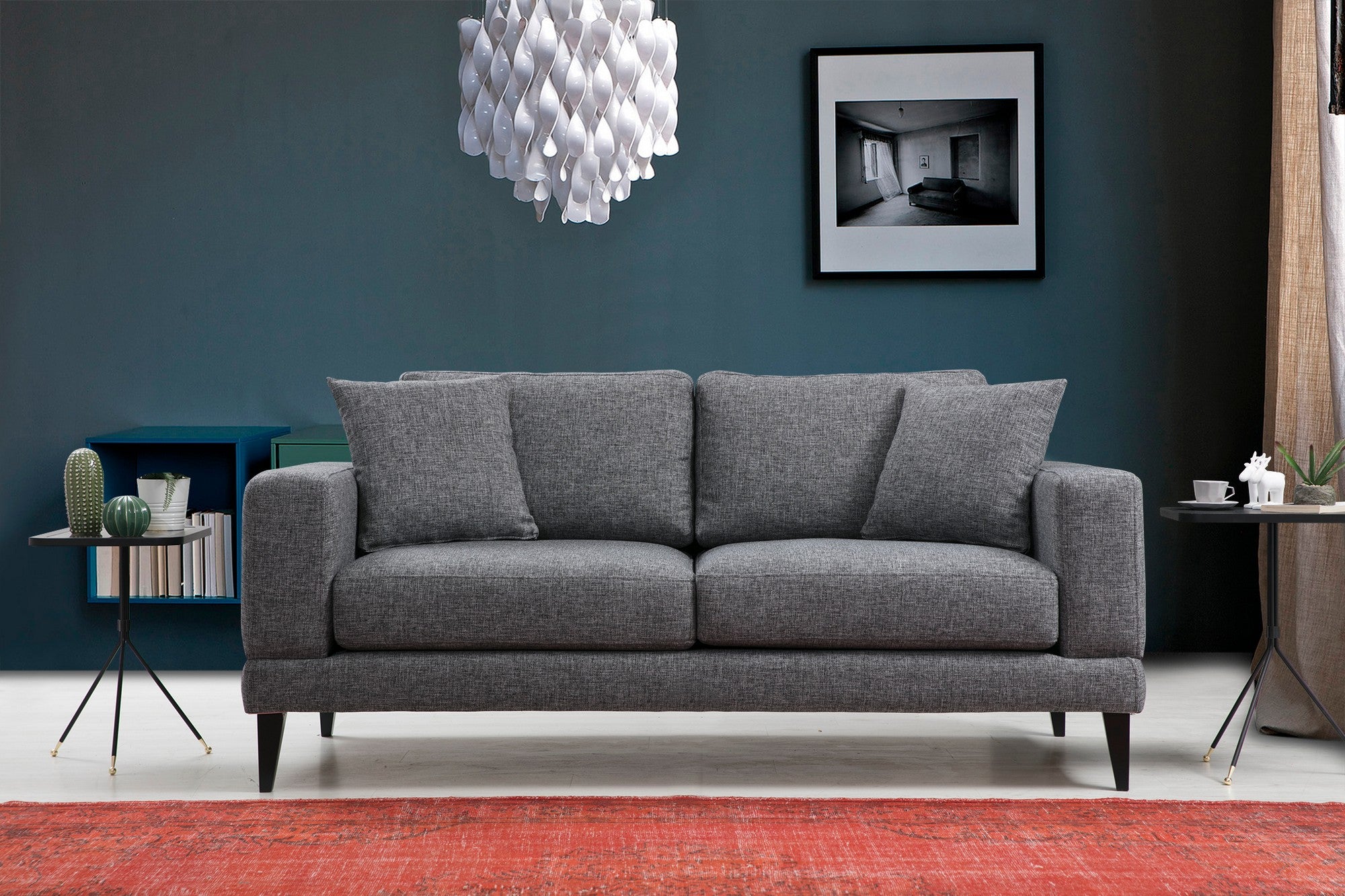 Sofá elegante de 2 lugares, cinza escuro, 180 x 90 x 85 cm | Estrutura em madeira de faia, 100% poliéster, almofadas confortáveis de espuma | Perfeito para espaços modernos e industriais