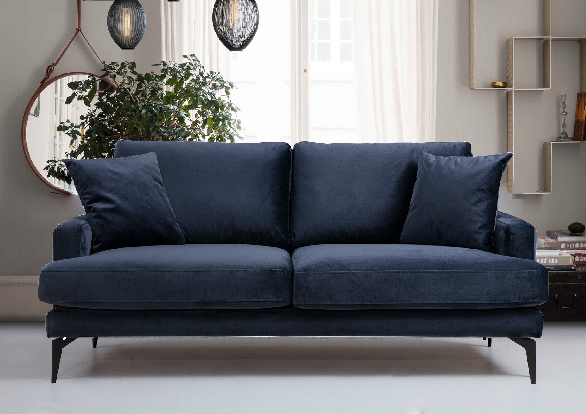 Sofá elegante de 2 lugares, azul-marinho, 175 x 90 x 88 cm | Estrutura em madeira de faia, espuma cinza macia, tecido lavável a seco, pernas de metal preto fosco | Perfeito para espaços modernos