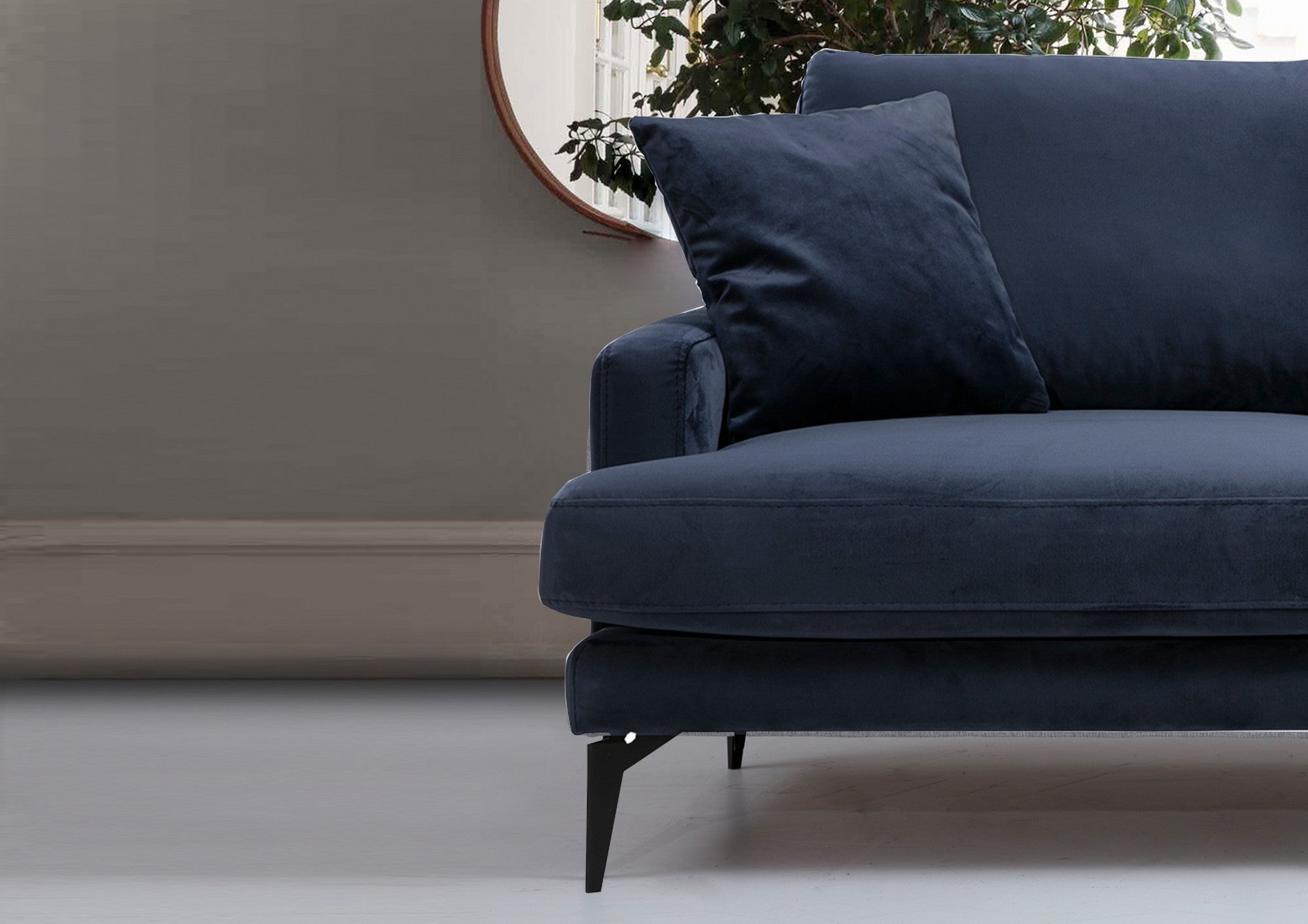 Sofá elegante de 2 lugares, azul-marinho, 175 x 90 x 88 cm | Estrutura em madeira de faia, espuma cinza macia, tecido lavável a seco, pernas de metal preto fosco | Perfeito para espaços modernos