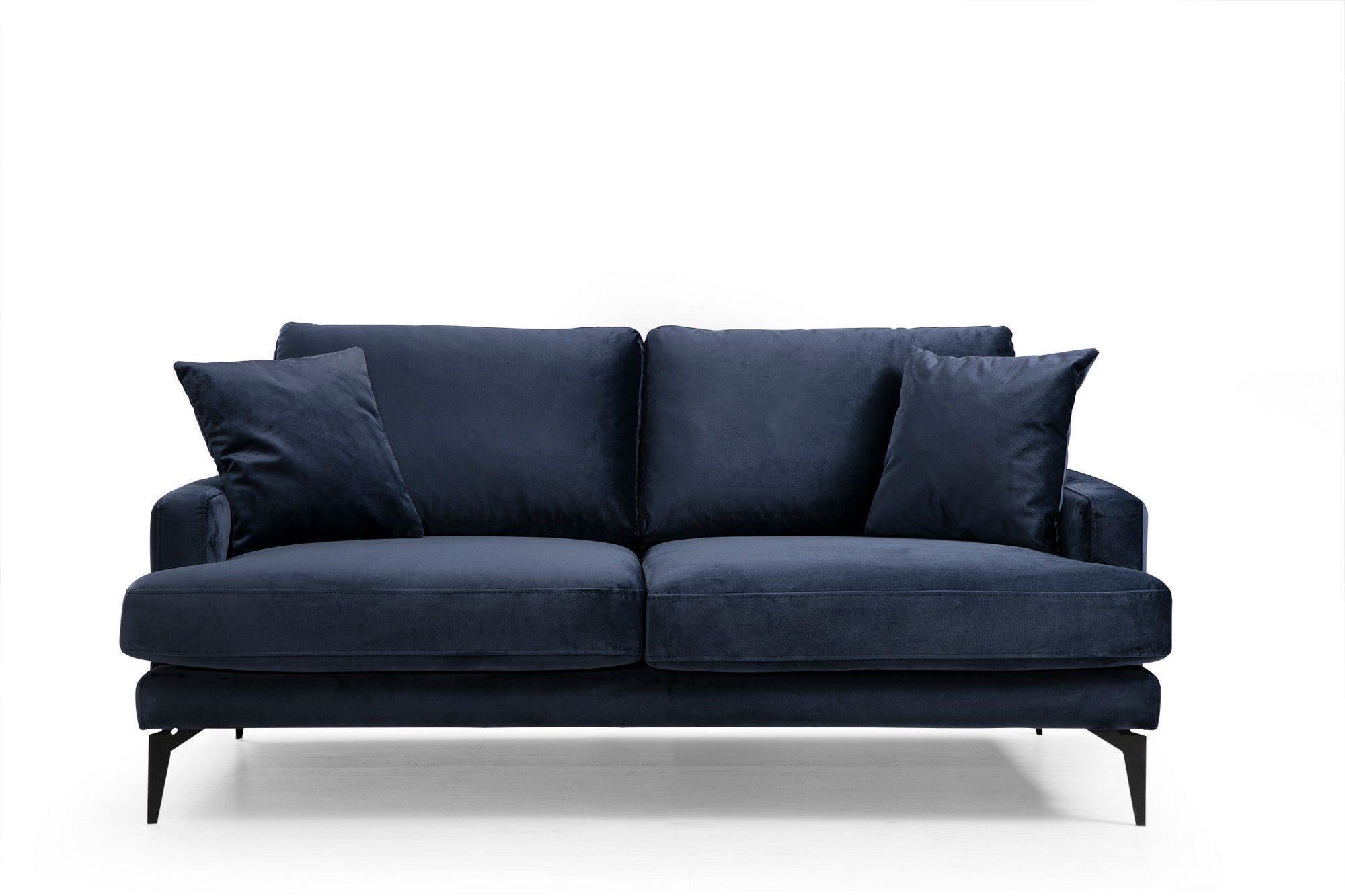 Sofá elegante de 2 lugares, azul-marinho, 175 x 90 x 88 cm | Estrutura em madeira de faia, espuma cinza macia, tecido lavável a seco, pernas de metal preto fosco | Perfeito para espaços modernos