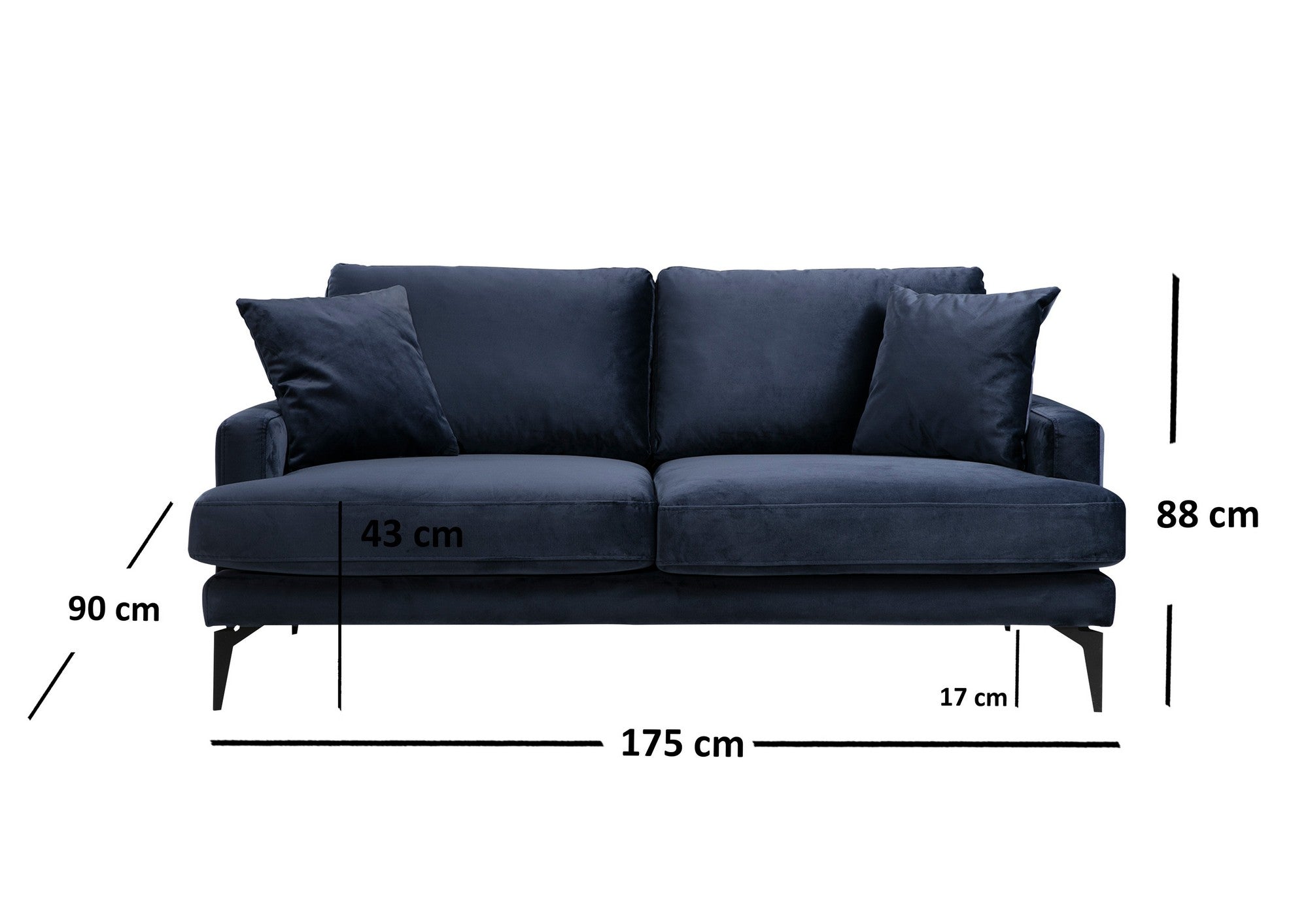 Sofá elegante de 2 lugares, azul-marinho, 175 x 90 x 88 cm | Estrutura em madeira de faia, espuma cinza macia, tecido lavável a seco, pernas de metal preto fosco | Perfeito para espaços modernos