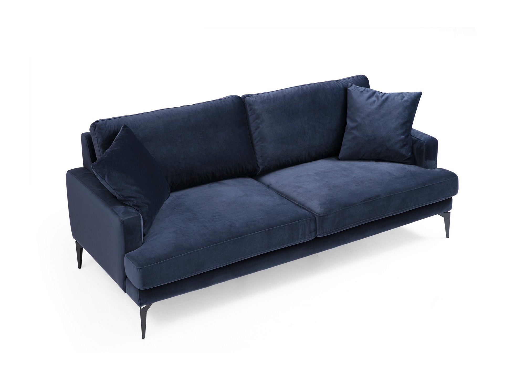 Sofá elegante de 2 lugares, azul-marinho, 175 x 90 x 88 cm | Estrutura em madeira de faia, espuma cinza macia, tecido lavável a seco, pernas de metal preto fosco | Perfeito para espaços modernos
