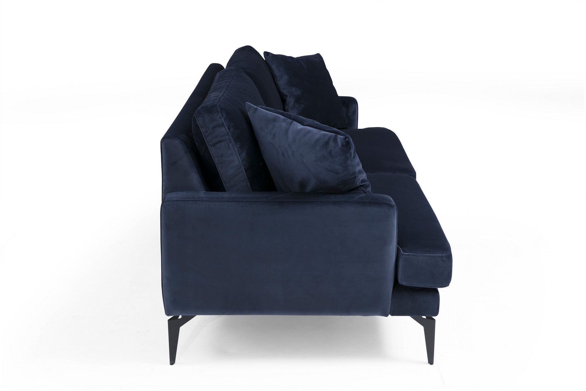 Sofá elegante de 2 lugares, azul-marinho, 175 x 90 x 88 cm | Estrutura em madeira de faia, espuma cinza macia, tecido lavável a seco, pernas de metal preto fosco | Perfeito para espaços modernos