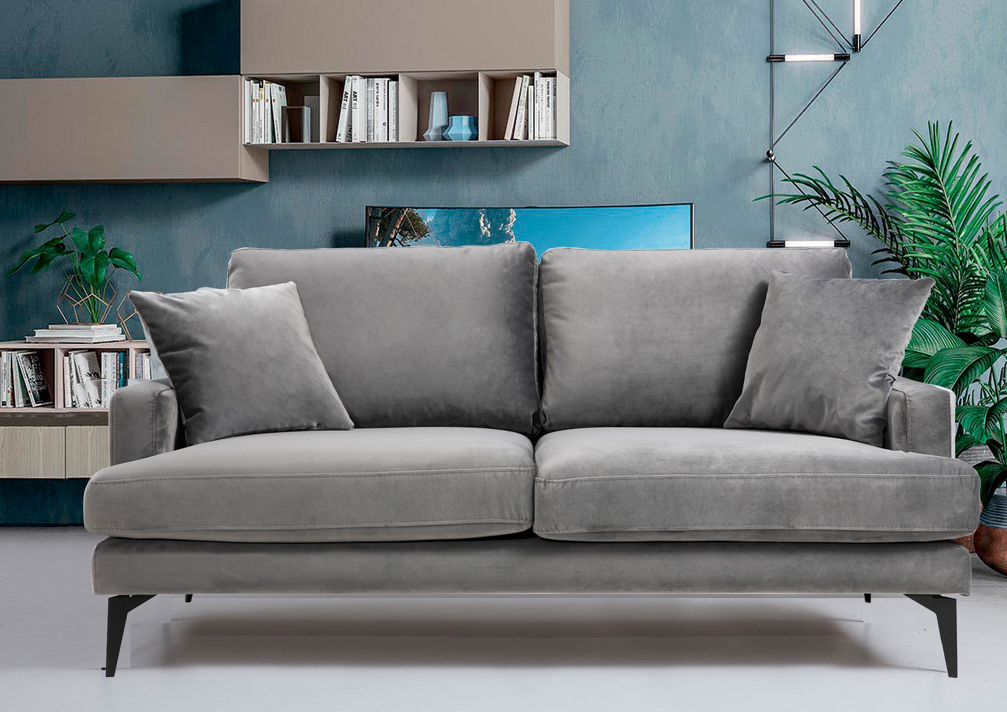 Sofá elegante de 2 lugares, cinza, 175 x 90 x 88 cm | Estrutura em madeira de faia e aglomerado, tecido de poliéster macio, pernas de metal preto fosco | Perfeito para espaços modernos
