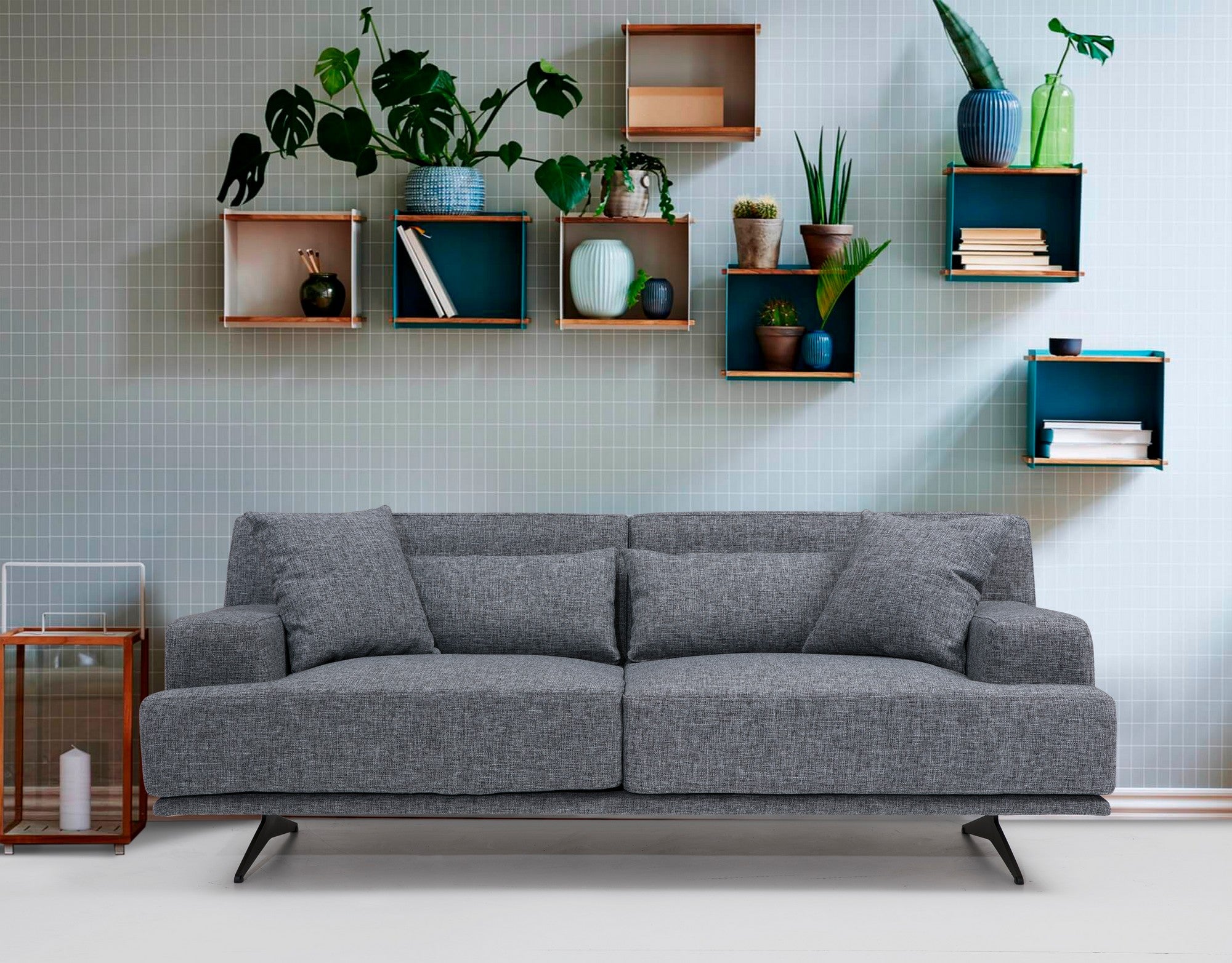 Sofá elegante de 2 lugares, poliéster cinza, 200 x 110 x 80 cm | Estrutura em madeira de faia e aglomerado, pernas em metal preto fosco | Design confortável e moderno para casa e escritório