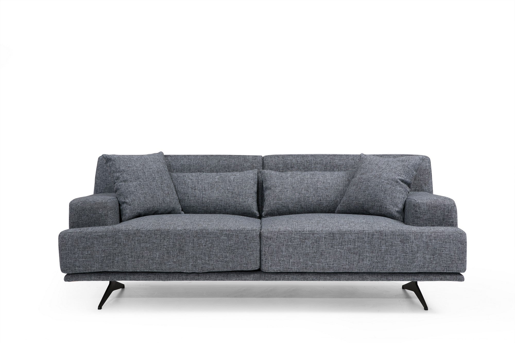 Sofá elegante de 2 lugares, poliéster cinza, 200 x 110 x 80 cm | Estrutura em madeira de faia e aglomerado, pernas em metal preto fosco | Design confortável e moderno para casa e escritório