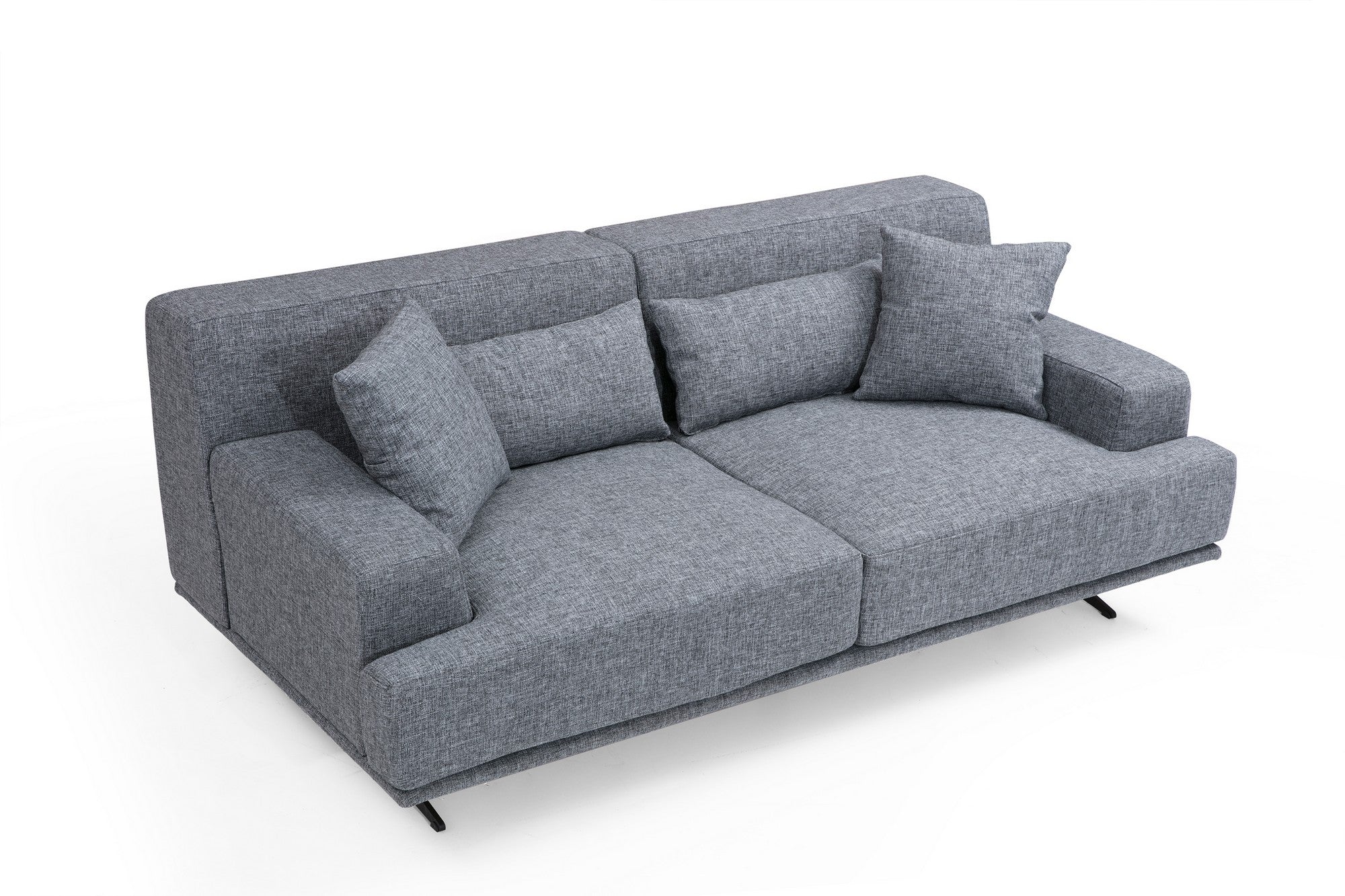 Sofá elegante de 2 lugares, poliéster cinza, 200 x 110 x 80 cm | Estrutura em madeira de faia e aglomerado, pernas em metal preto fosco | Design confortável e moderno para casa e escritório