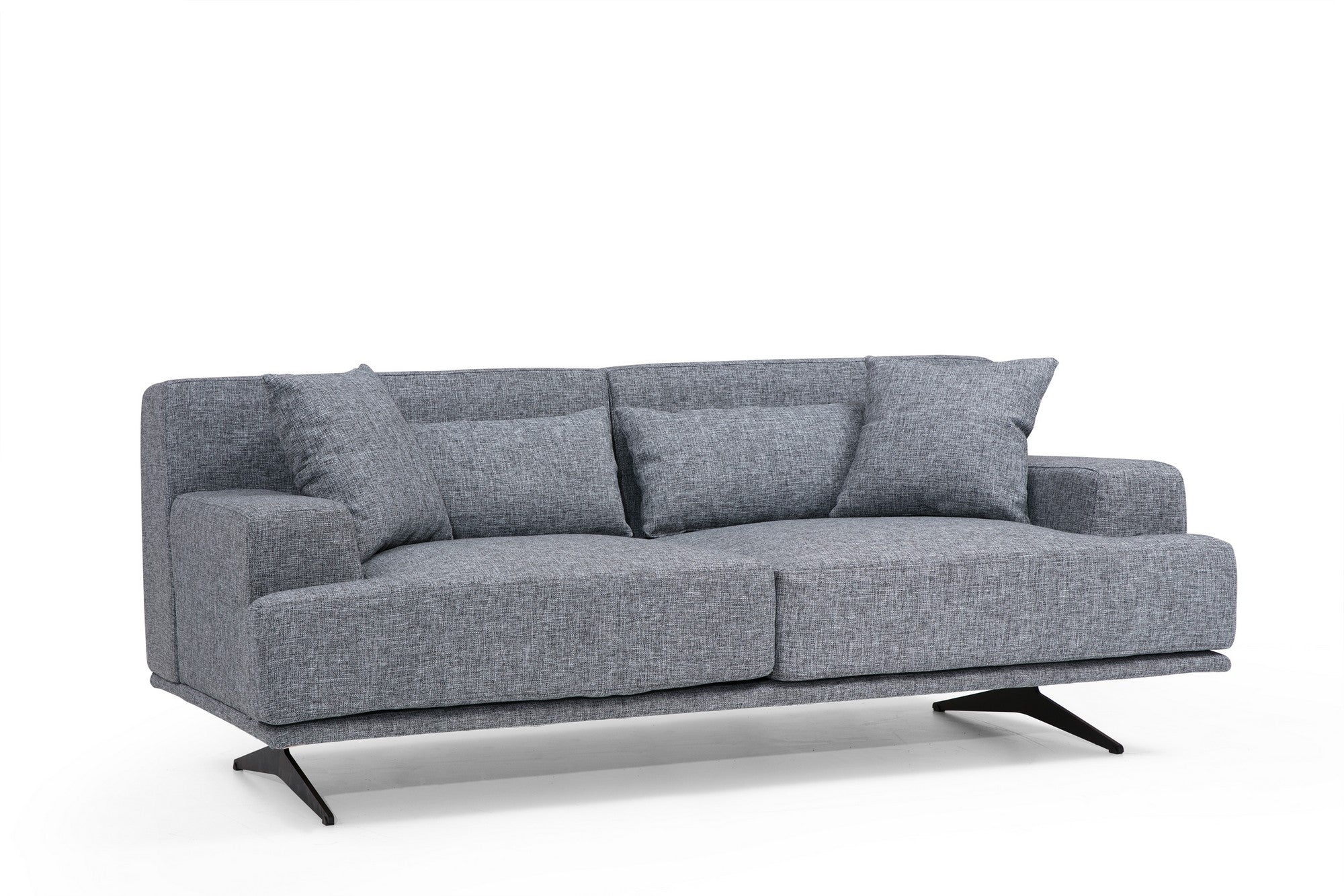 Sofá elegante de 2 lugares, poliéster cinza, 200 x 110 x 80 cm | Estrutura em madeira de faia e aglomerado, pernas em metal preto fosco | Design confortável e moderno para casa e escritório