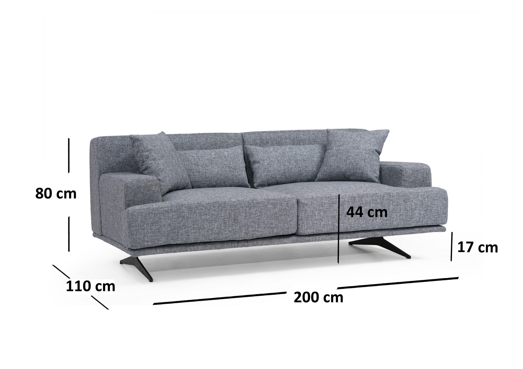 Sofá elegante de 2 lugares, poliéster cinza, 200 x 110 x 80 cm | Estrutura em madeira de faia e aglomerado, pernas em metal preto fosco | Design confortável e moderno para casa e escritório