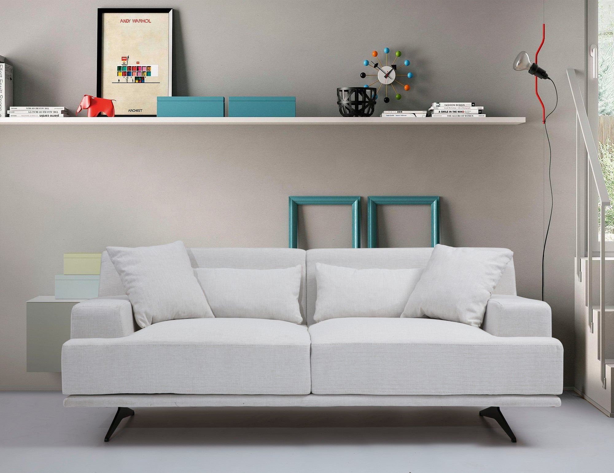 Sofá elegante de 2 lugares, bege, 200 x 110 x 80 cm | Estrutura em madeira de faia, 100% poliéster, espuma cinza macia | Design moderno com pernas de metal preto fosco, perfeito para casa e escritório