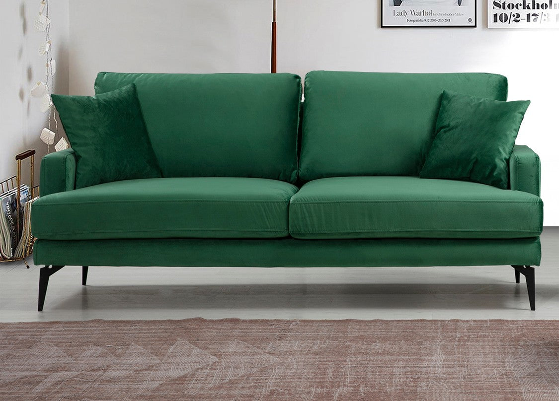 Sofá elegante de 2 lugares, verde, 175 x 90 x 88 cm | Estrutura em madeira de faia e aglomerado, 100% poliéster, almofadas de espuma macia, pernas de metal preto fosco, 2 almofadas incluídas