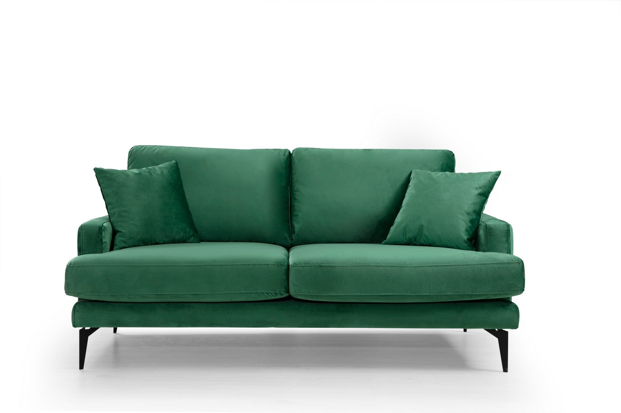 Sofá elegante de 2 lugares, verde, 175 x 90 x 88 cm | Estrutura em madeira de faia e aglomerado, 100% poliéster, almofadas de espuma macia, pernas de metal preto fosco, 2 almofadas incluídas