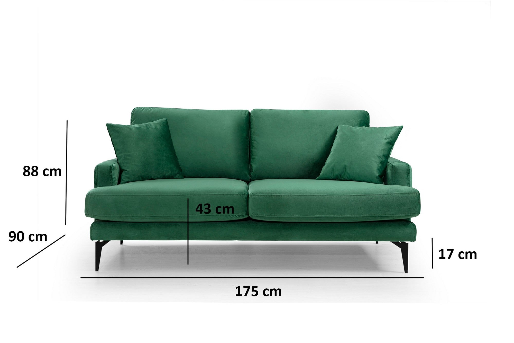 Sofá elegante de 2 lugares, verde, 175 x 90 x 88 cm | Estrutura em madeira de faia e aglomerado, 100% poliéster, almofadas de espuma macia, pernas de metal preto fosco, 2 almofadas incluídas