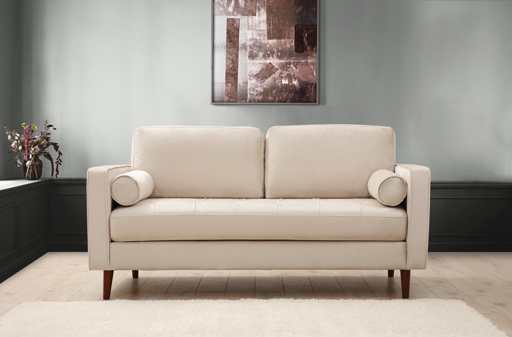 Sofá elegante de 2 lugares, bege, 175 x 90 x 70 cm | Estrutura em madeira de faia e aglomerado, 100% poliéster, inclui 2 almofadas | Design escandinavo para uma vida moderna
