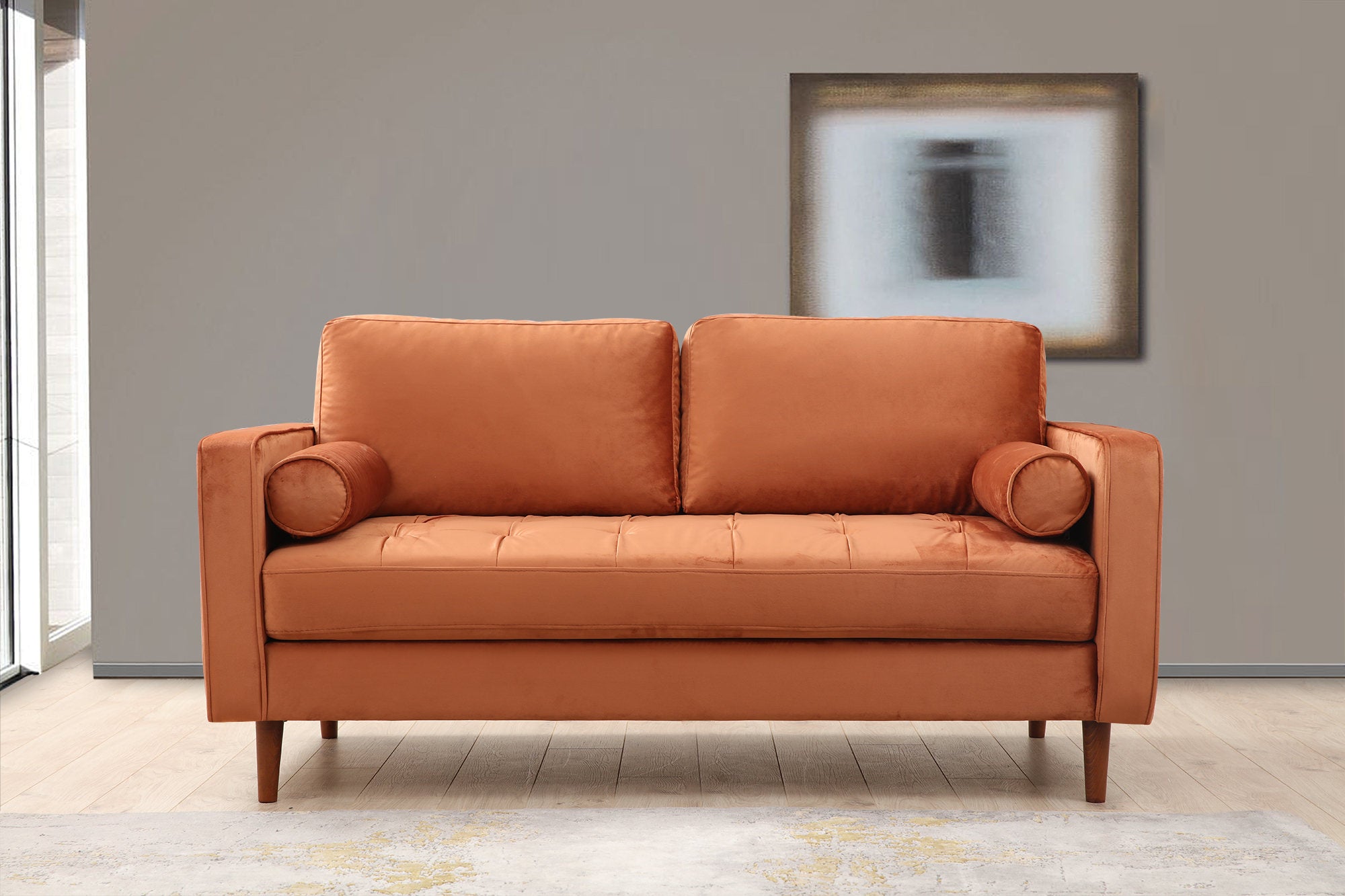 Sofá elegante de 2 lugares, laranja, 175 x 90 x 70 cm | Estrutura em madeira de faia e aglomerado, 100% poliéster, inclui 2 almofadas | Perfeito para espaços modernos
