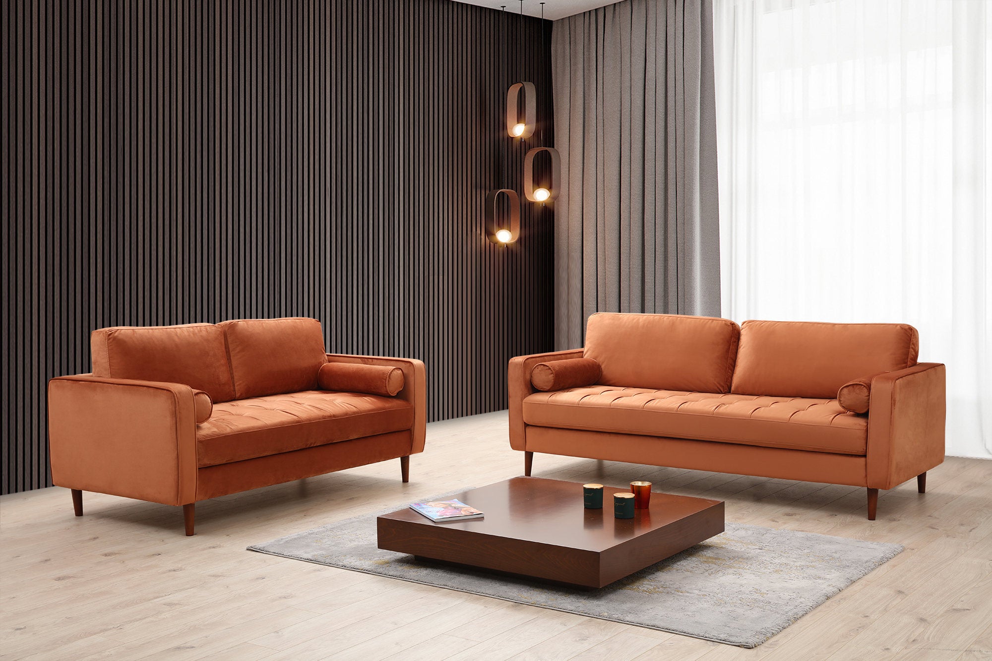 Sofá elegante de 2 lugares, laranja, 175 x 90 x 70 cm | Estrutura em madeira de faia e aglomerado, 100% poliéster, inclui 2 almofadas | Perfeito para espaços modernos