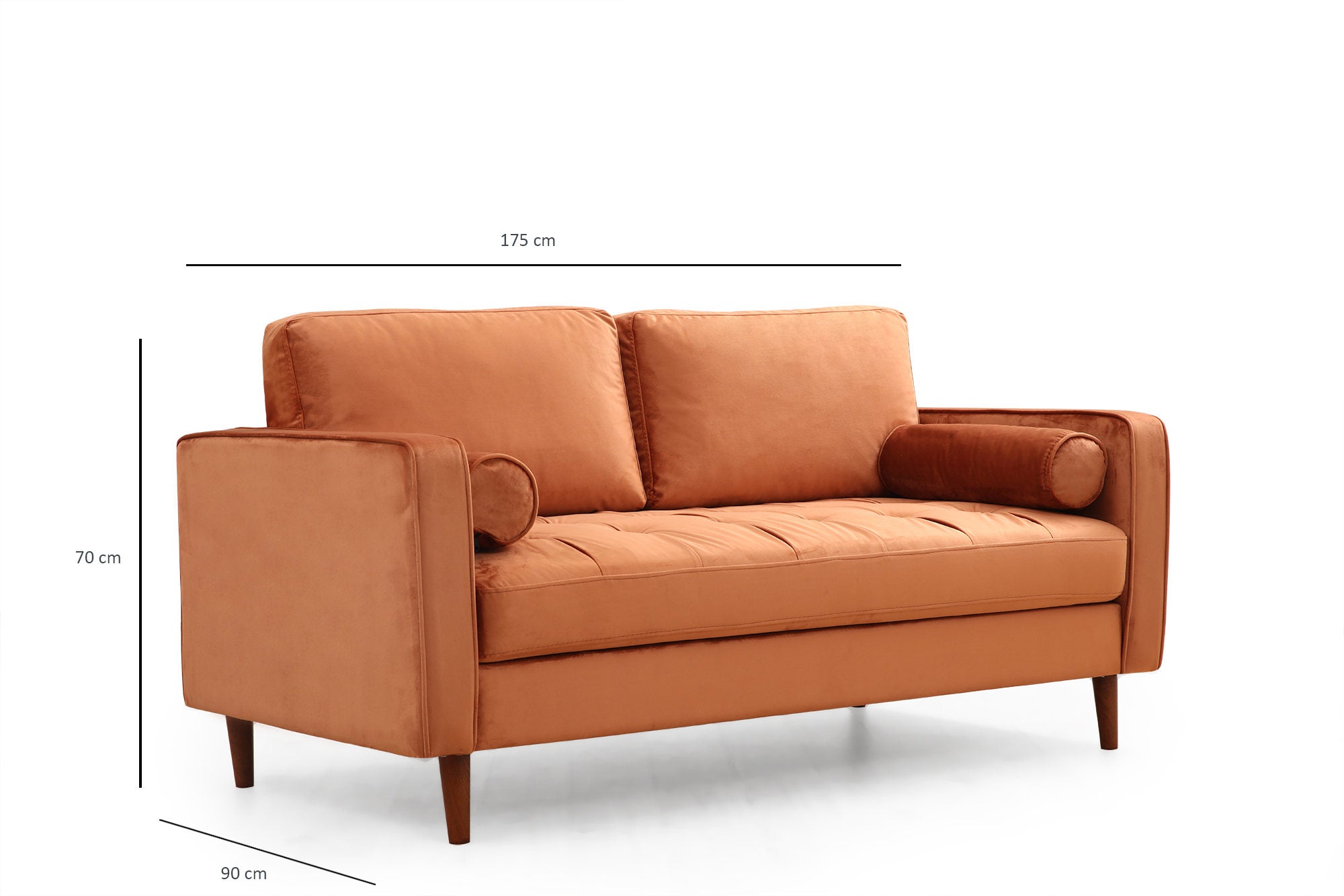 Sofá elegante de 2 lugares, laranja, 175 x 90 x 70 cm | Estrutura em madeira de faia e aglomerado, 100% poliéster, inclui 2 almofadas | Perfeito para espaços modernos