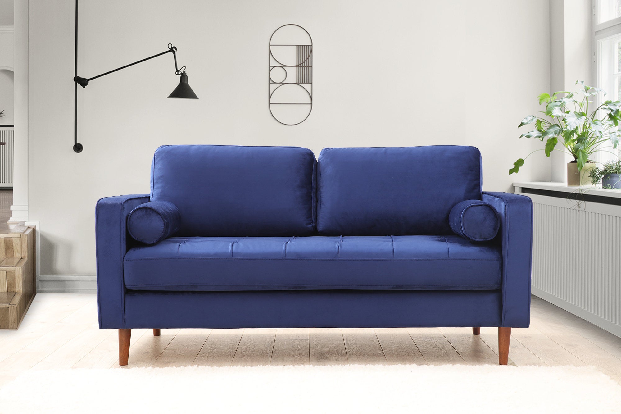 Sofá elegante de 2 lugares, azul-marinho, 175 x 90 x 70 cm | Estrutura em madeira de faia, 100% poliéster, inclui 2 almofadas | Perfeito para espaços modernos