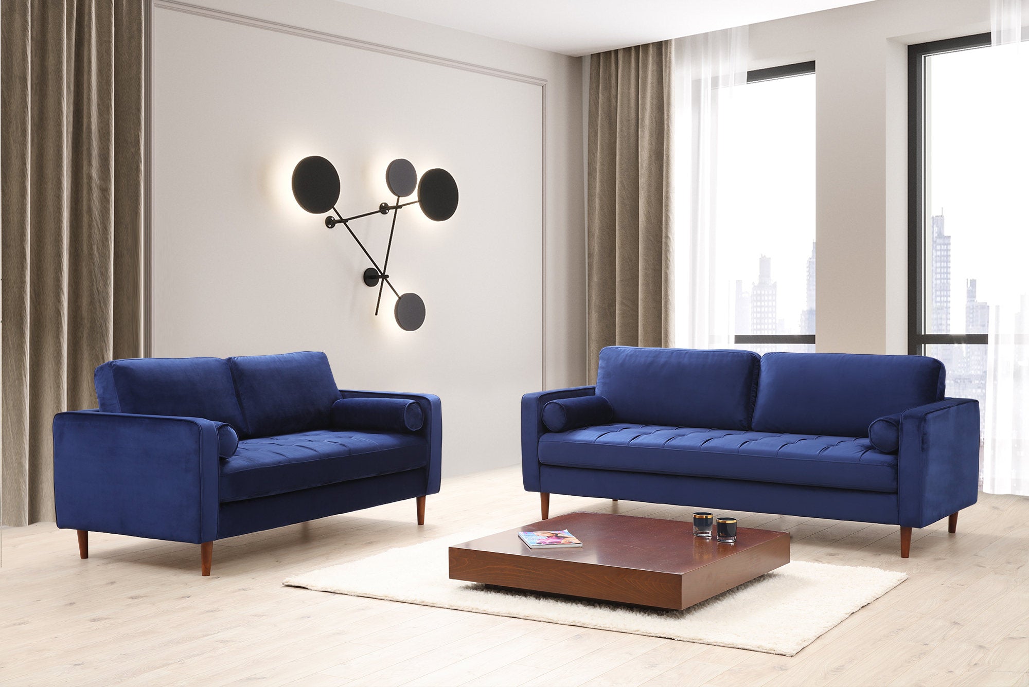 Sofá elegante de 2 lugares, azul-marinho, 175 x 90 x 70 cm | Estrutura em madeira de faia, 100% poliéster, inclui 2 almofadas | Perfeito para espaços modernos