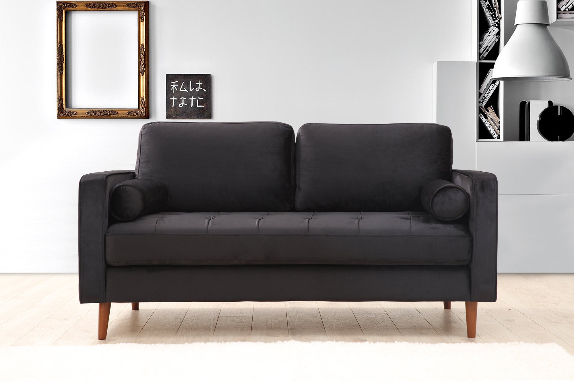 Sofá elegante de 2 lugares, preto e carvalho, 175 x 90 x 70 cm | Estrutura em madeira de faia, 100% poliéster, inclui 2 almofadas | Perfeito para decoração escandinava e hoteleira