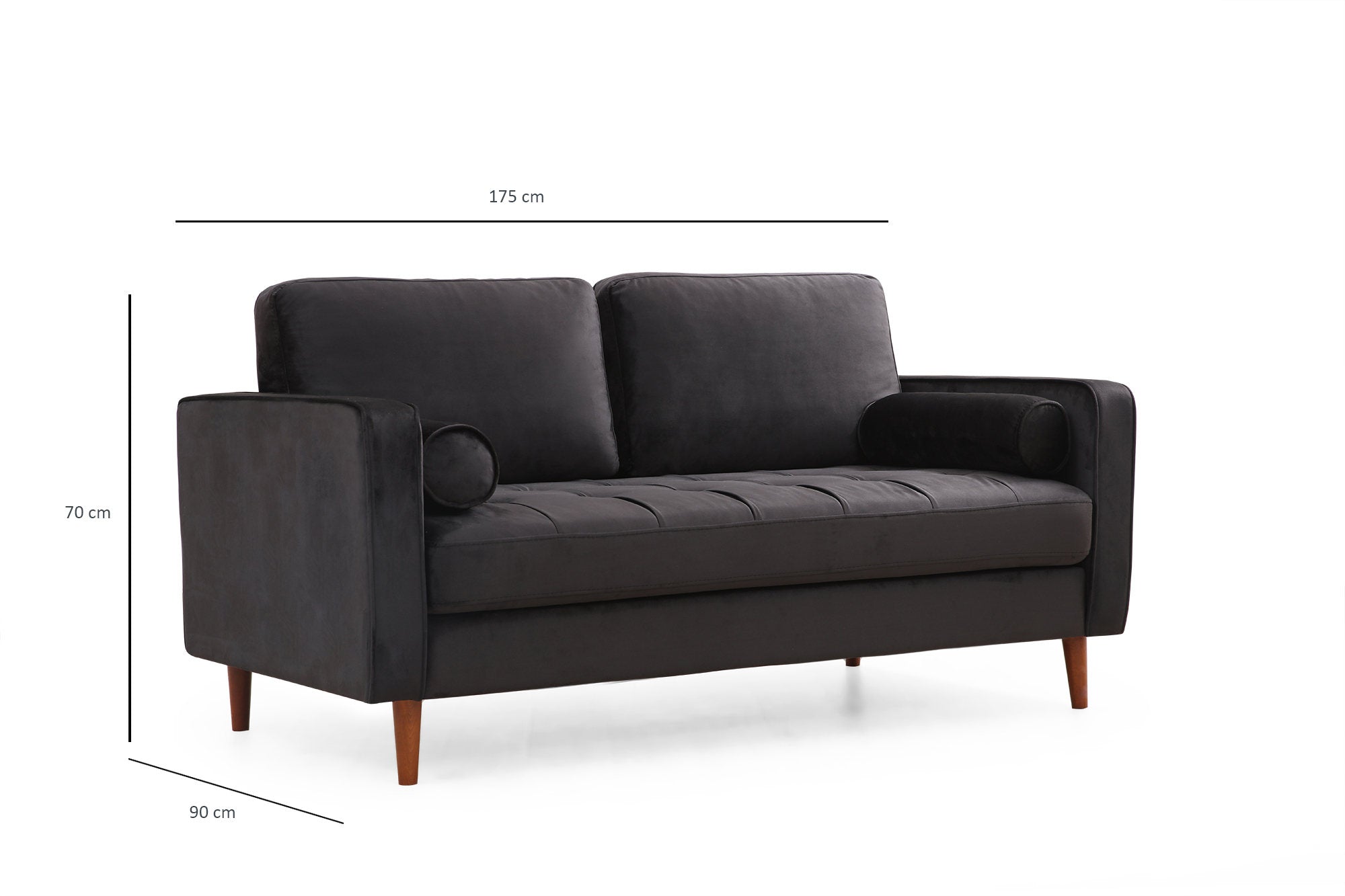 Sofá elegante de 2 lugares, preto e carvalho, 175 x 90 x 70 cm | Estrutura em madeira de faia, 100% poliéster, inclui 2 almofadas | Perfeito para decoração escandinava e hoteleira