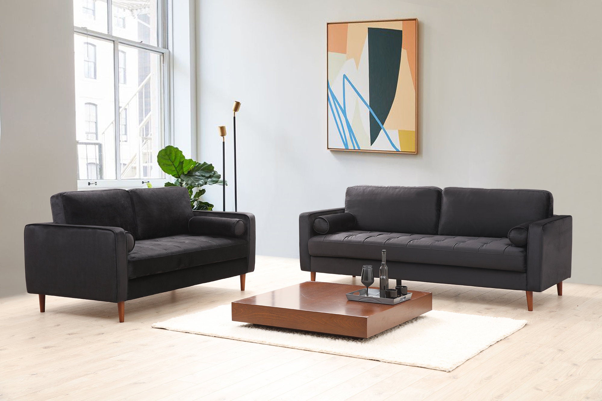Sofá elegante de 2 lugares, preto e carvalho, 175 x 90 x 70 cm | Estrutura em madeira de faia, 100% poliéster, inclui 2 almofadas | Perfeito para decoração escandinava e hoteleira
