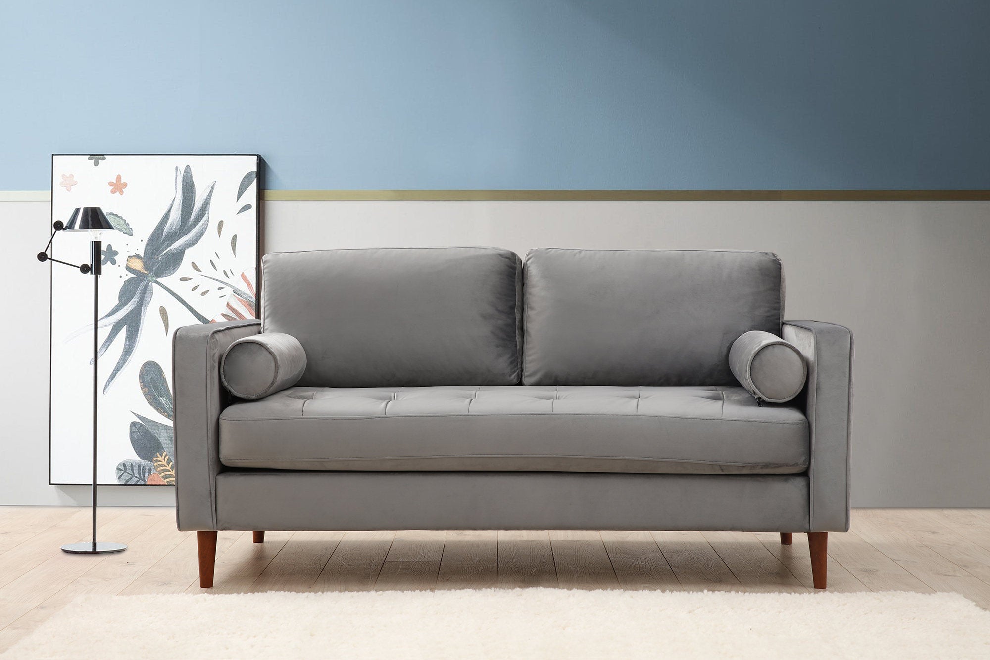 Sofá elegante de 2 lugares, cinza claro, 175 x 90 x 70 cm | Estrutura em madeira de faia e aglomerado, 100% poliéster, pernas em nogueira | Inclui 2 almofadas, design escandinavo