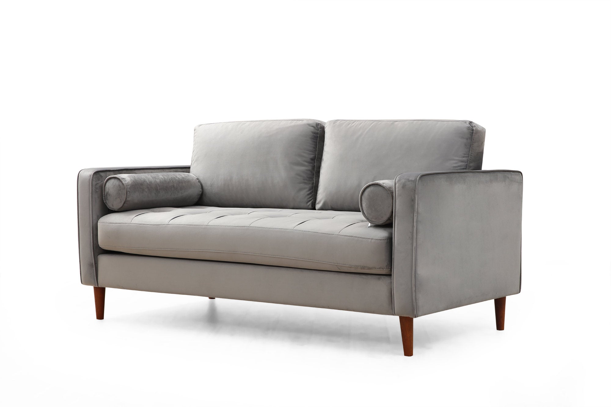 Sofá elegante de 2 lugares, cinza claro, 175 x 90 x 70 cm | Estrutura em madeira de faia e aglomerado, 100% poliéster, pernas em nogueira | Inclui 2 almofadas, design escandinavo