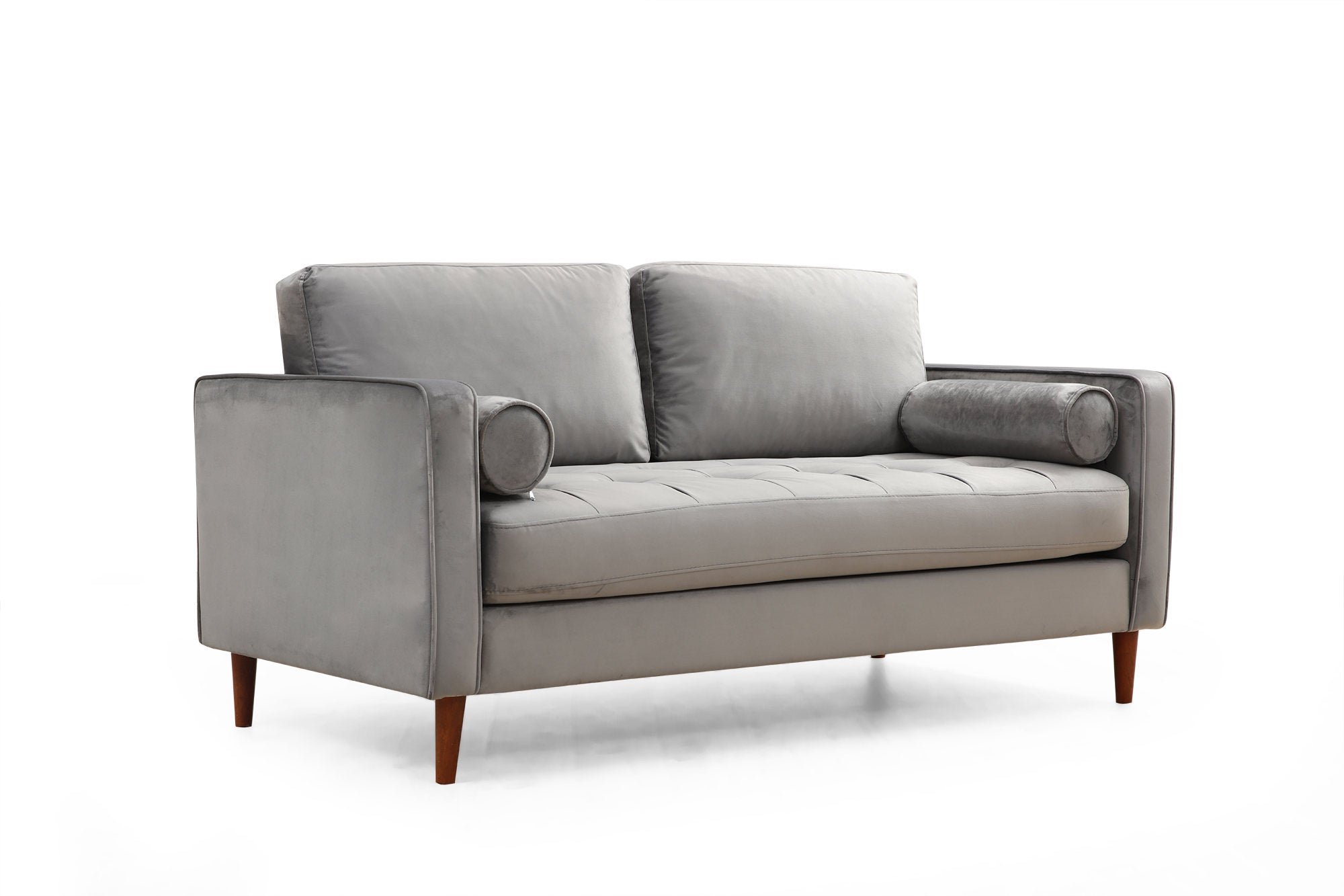 Sofá elegante de 2 lugares, cinza claro, 175 x 90 x 70 cm | Estrutura em madeira de faia e aglomerado, 100% poliéster, pernas em nogueira | Inclui 2 almofadas, design escandinavo