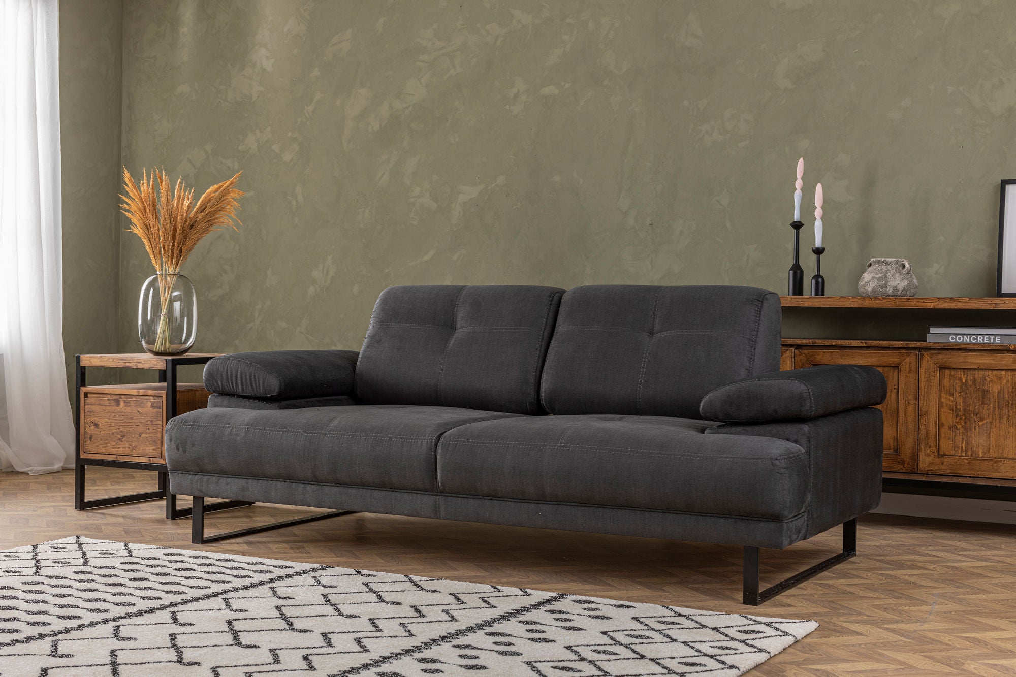 Sofá-cama elegante de 2 lugares, antracite, 199 x 99 x 83 cm | Estrutura em madeira de faia e aglomerado, 100% poliéster, encosto ajustável, design industrial moderno