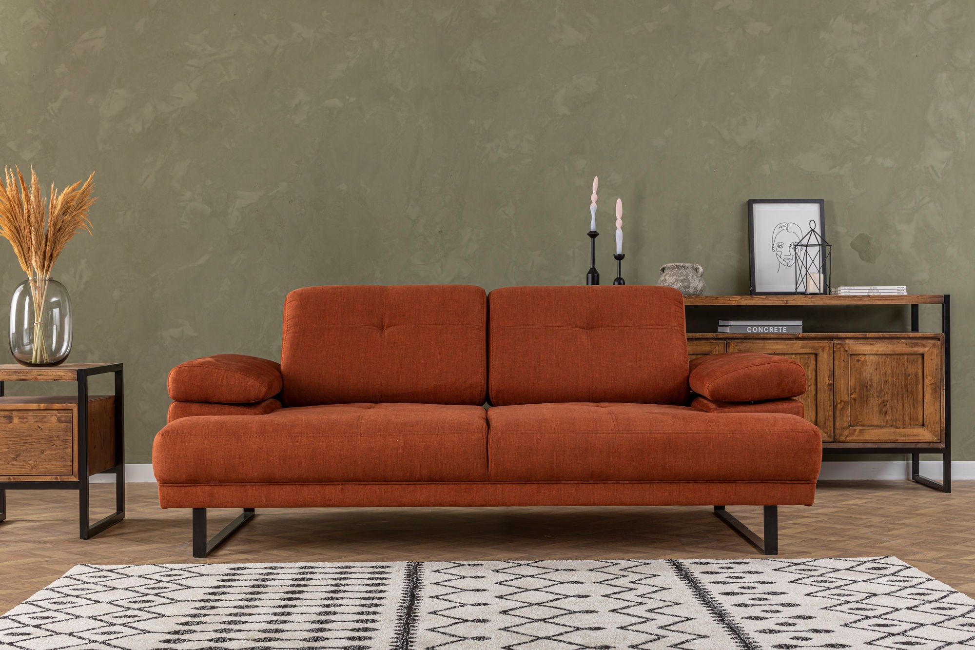 Sofá-cama elegante de 2 lugares, laranja, 199 x 99 x 83 cm | Estrutura em madeira de faia e aglomerado, braço ajustável, encosto móvel | Design industrial moderno