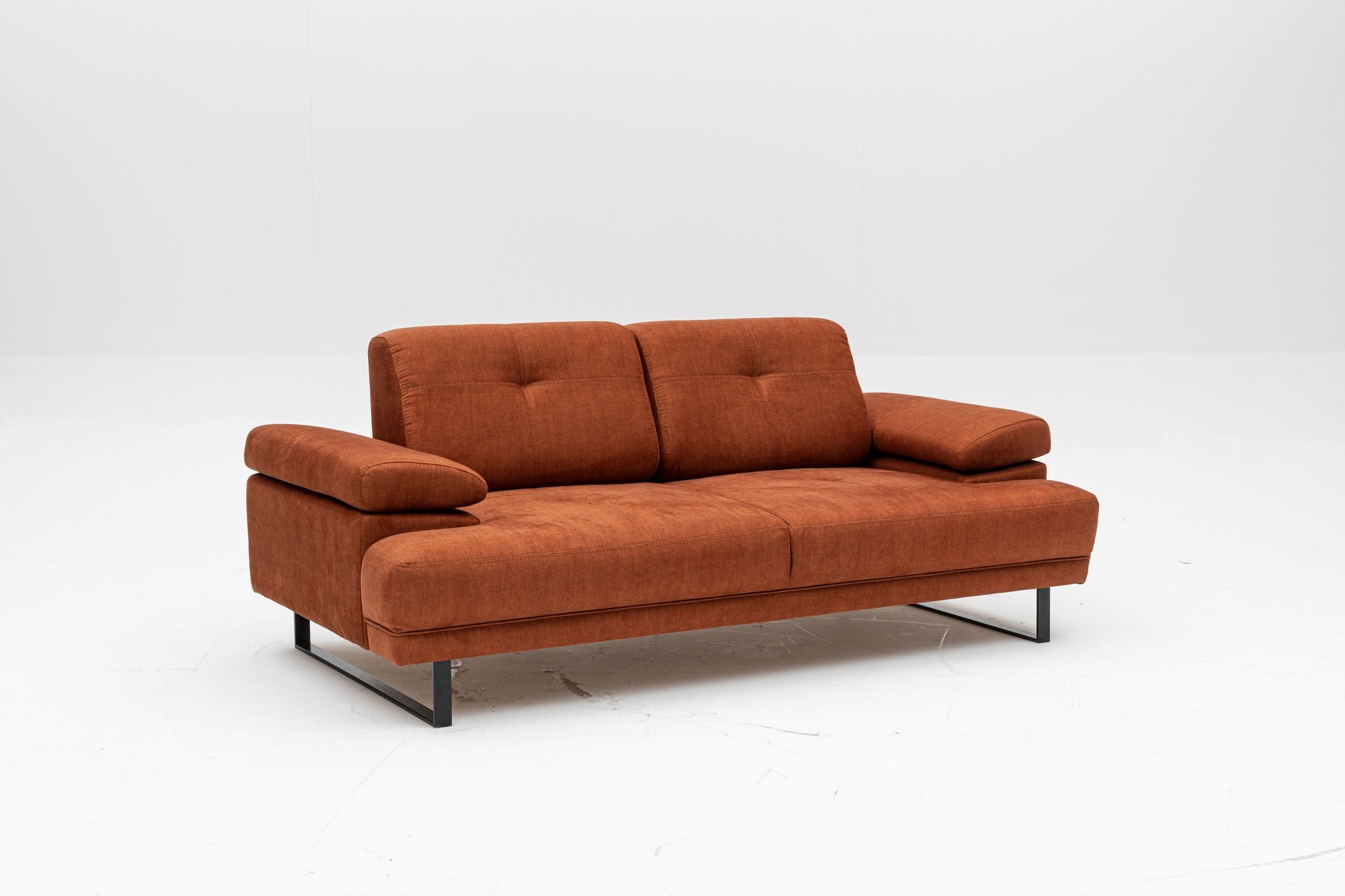 Sofá-cama elegante de 2 lugares, laranja, 199 x 99 x 83 cm | Estrutura em madeira de faia e aglomerado, braço ajustável, encosto móvel | Design industrial moderno