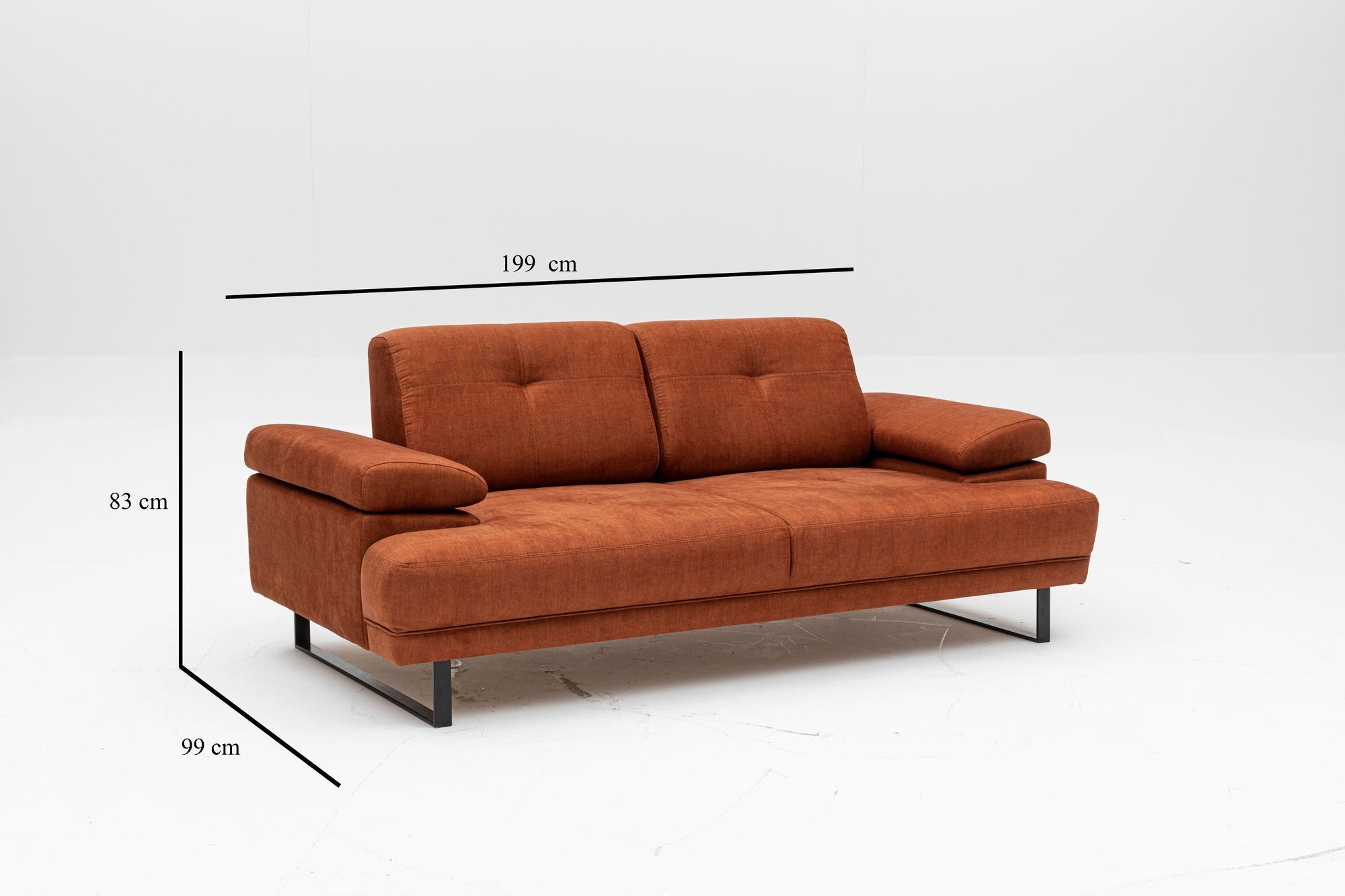 Sofá-cama elegante de 2 lugares, laranja, 199 x 99 x 83 cm | Estrutura em madeira de faia e aglomerado, braço ajustável, encosto móvel | Design industrial moderno