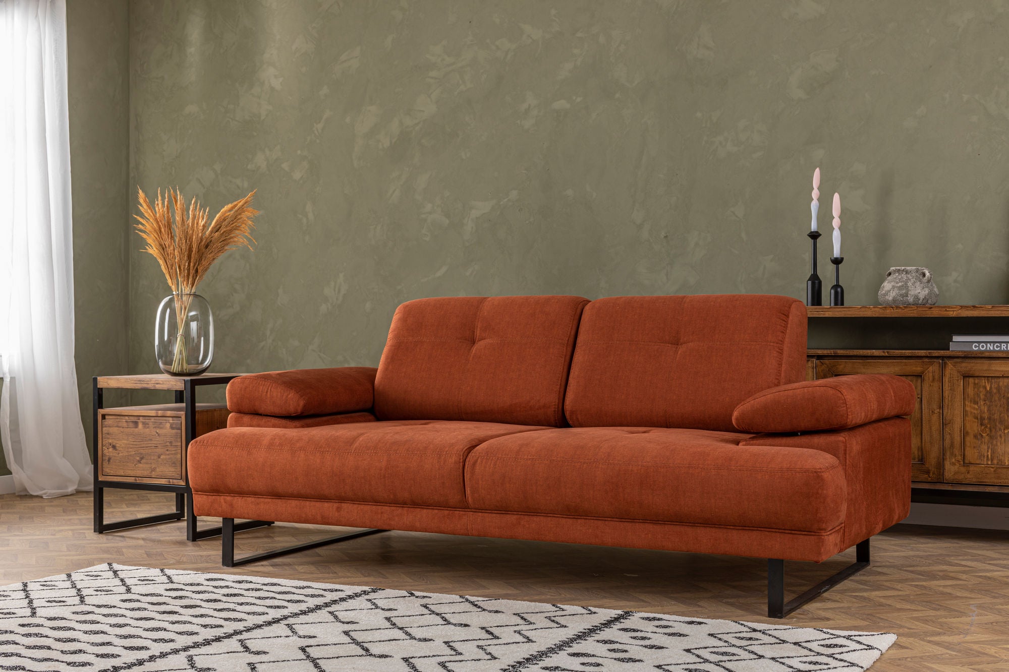 Sofá-cama elegante de 2 lugares, laranja, 199 x 99 x 83 cm | Estrutura em madeira de faia e aglomerado, braço ajustável, encosto móvel | Design industrial moderno