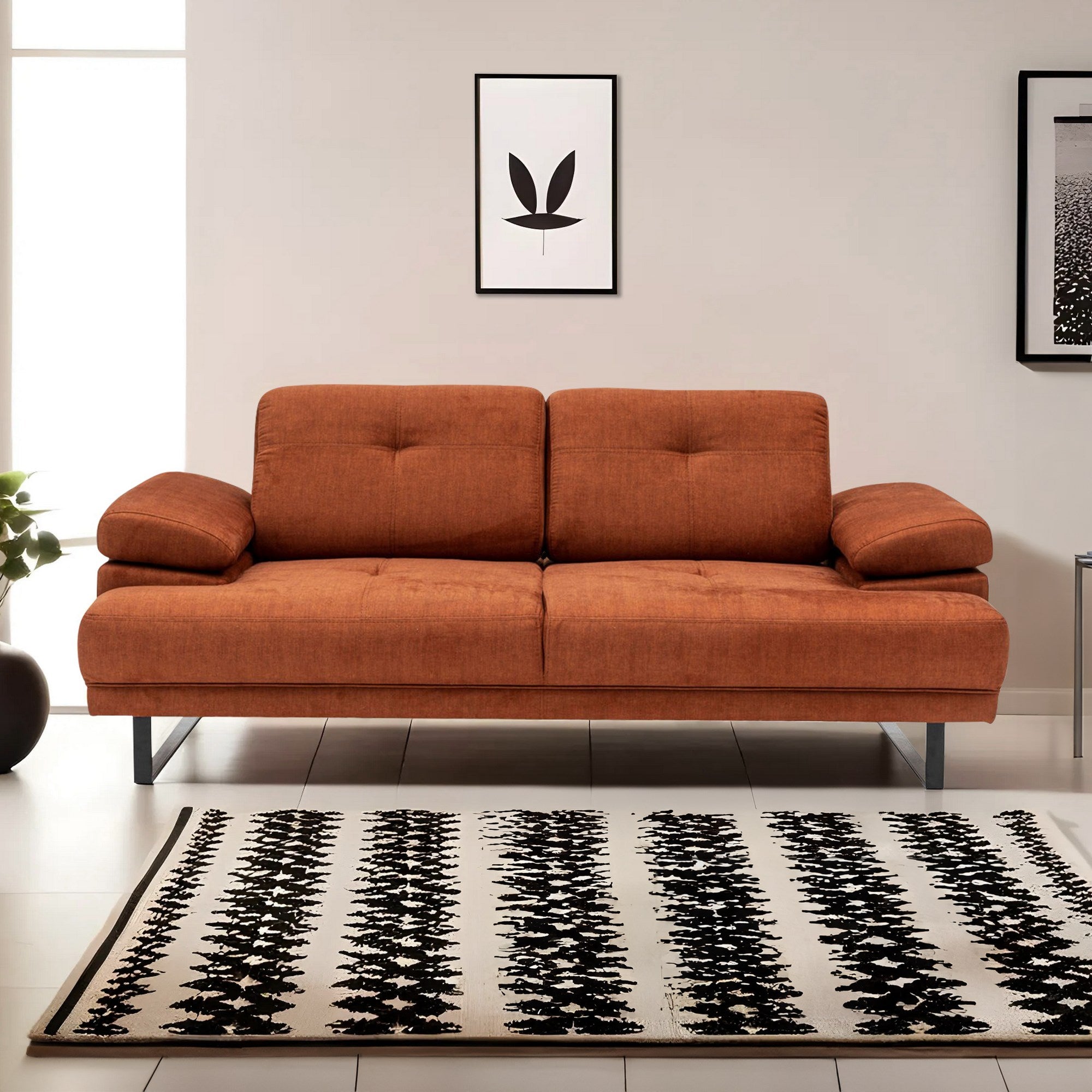 Sofá-cama elegante de 2 lugares, laranja, 199 x 99 x 83 cm | Estrutura em madeira de faia e aglomerado, braço ajustável, encosto móvel | Design industrial moderno