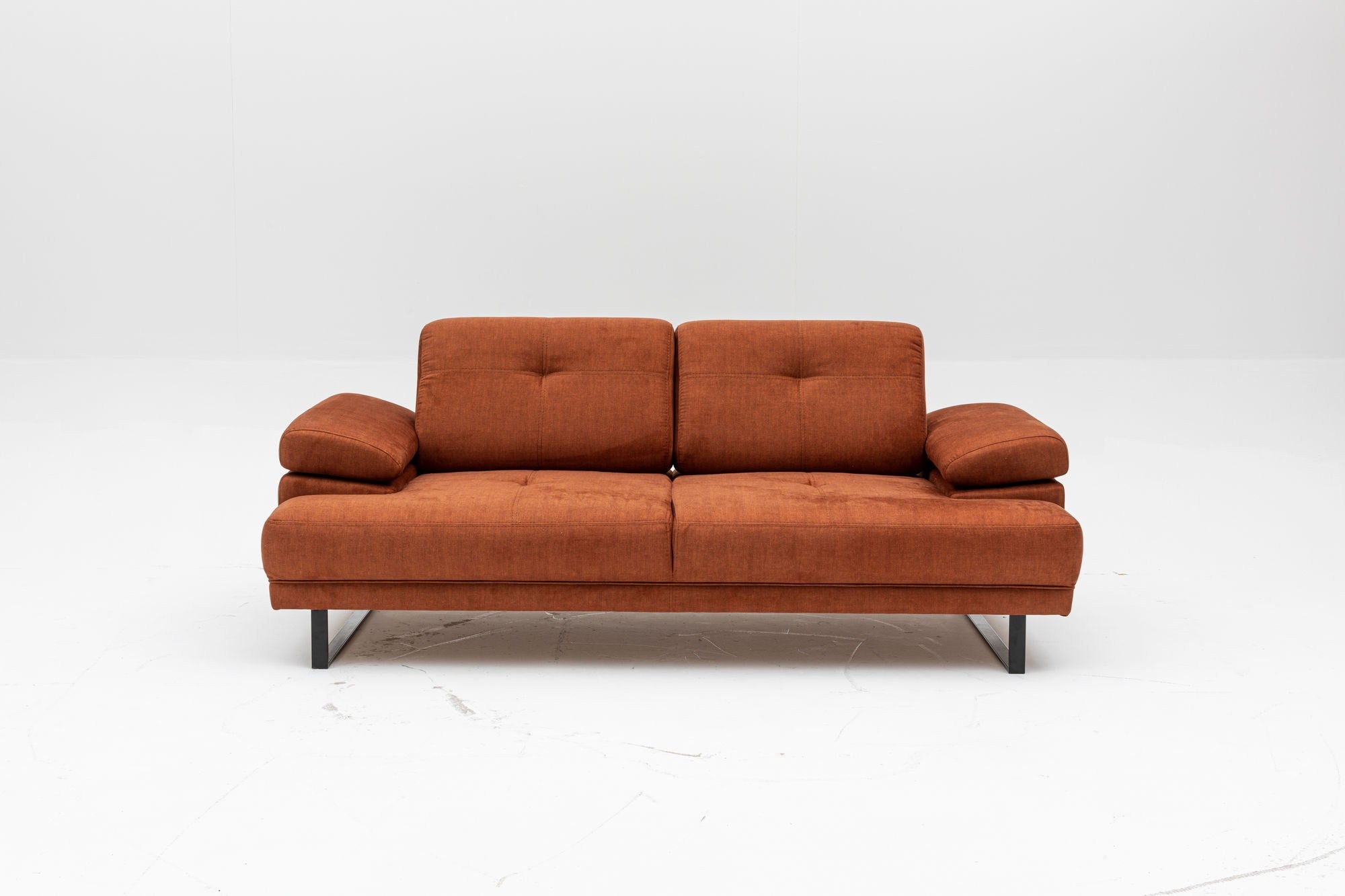 Sofá-cama elegante de 2 lugares, laranja, 199 x 99 x 83 cm | Estrutura em madeira de faia e aglomerado, braço ajustável, encosto móvel | Design industrial moderno
