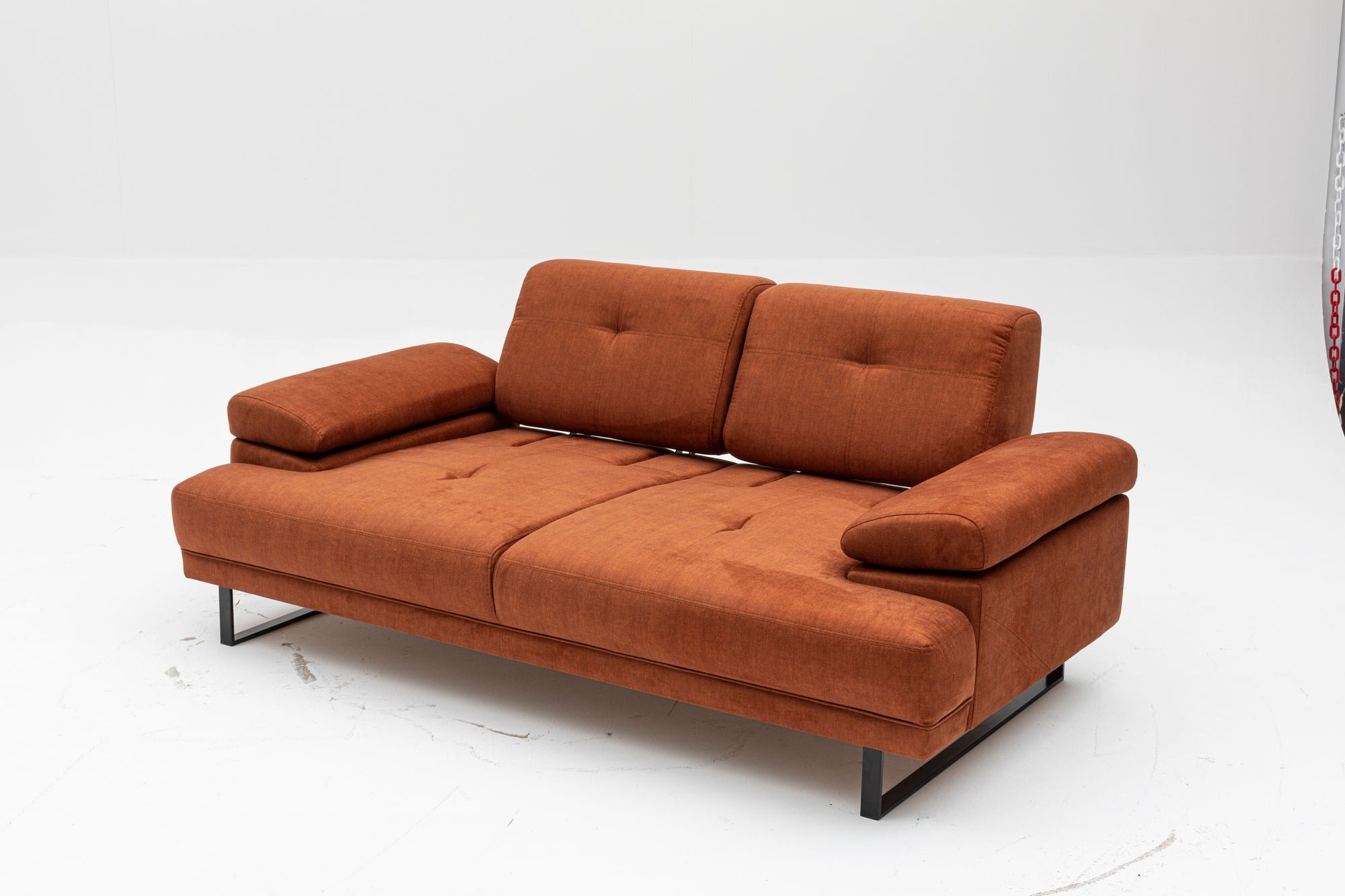 Sofá-cama elegante de 2 lugares, laranja, 199 x 99 x 83 cm | Estrutura em madeira de faia e aglomerado, braço ajustável, encosto móvel | Design industrial moderno