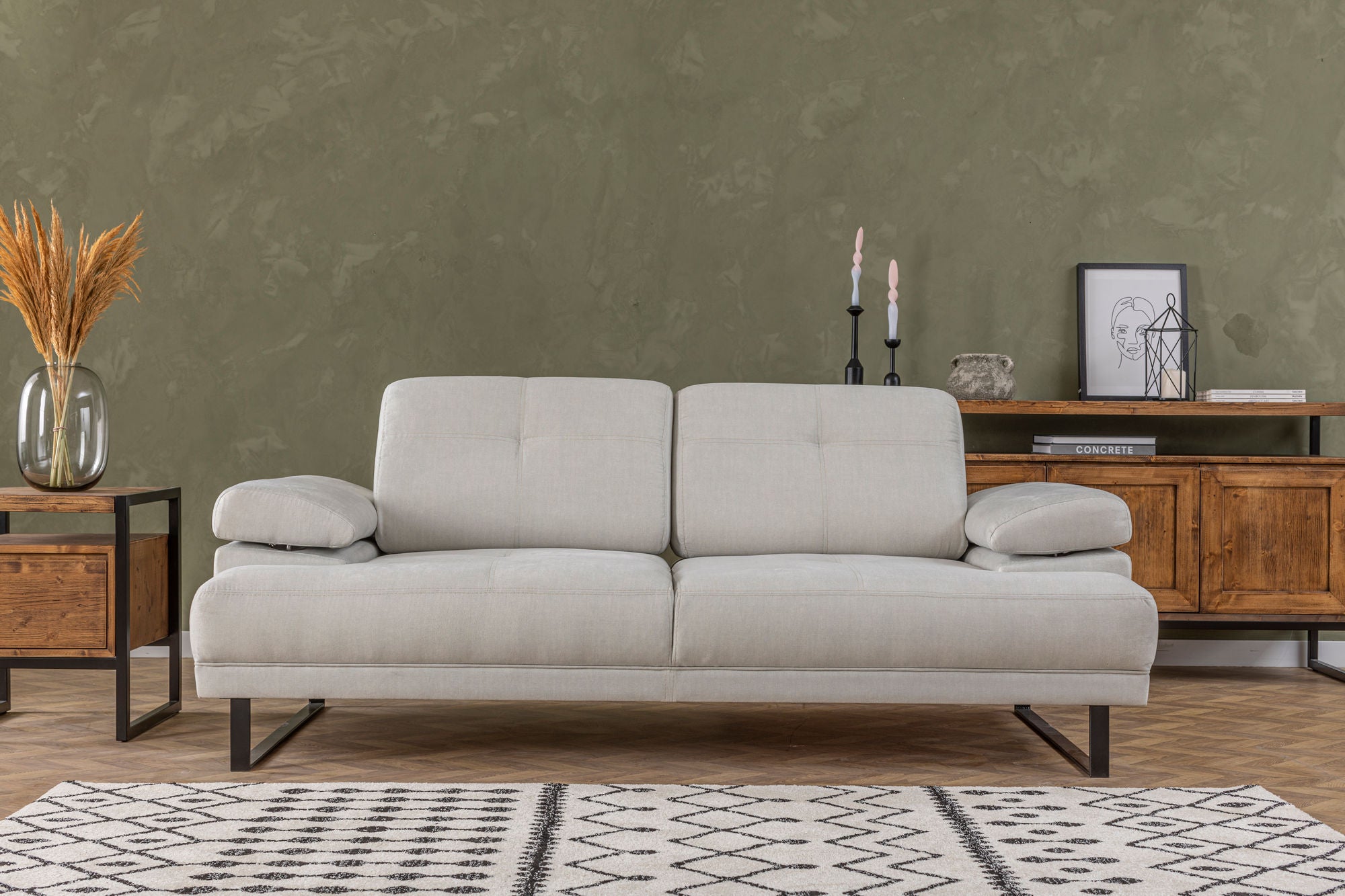 Sofá-cama elegante de 2 lugares, branco, 199 x 99 x 83 cm | Estrutura em madeira de faia e aglomerado, 100% poliéster, encosto ajustável, design industrial moderno