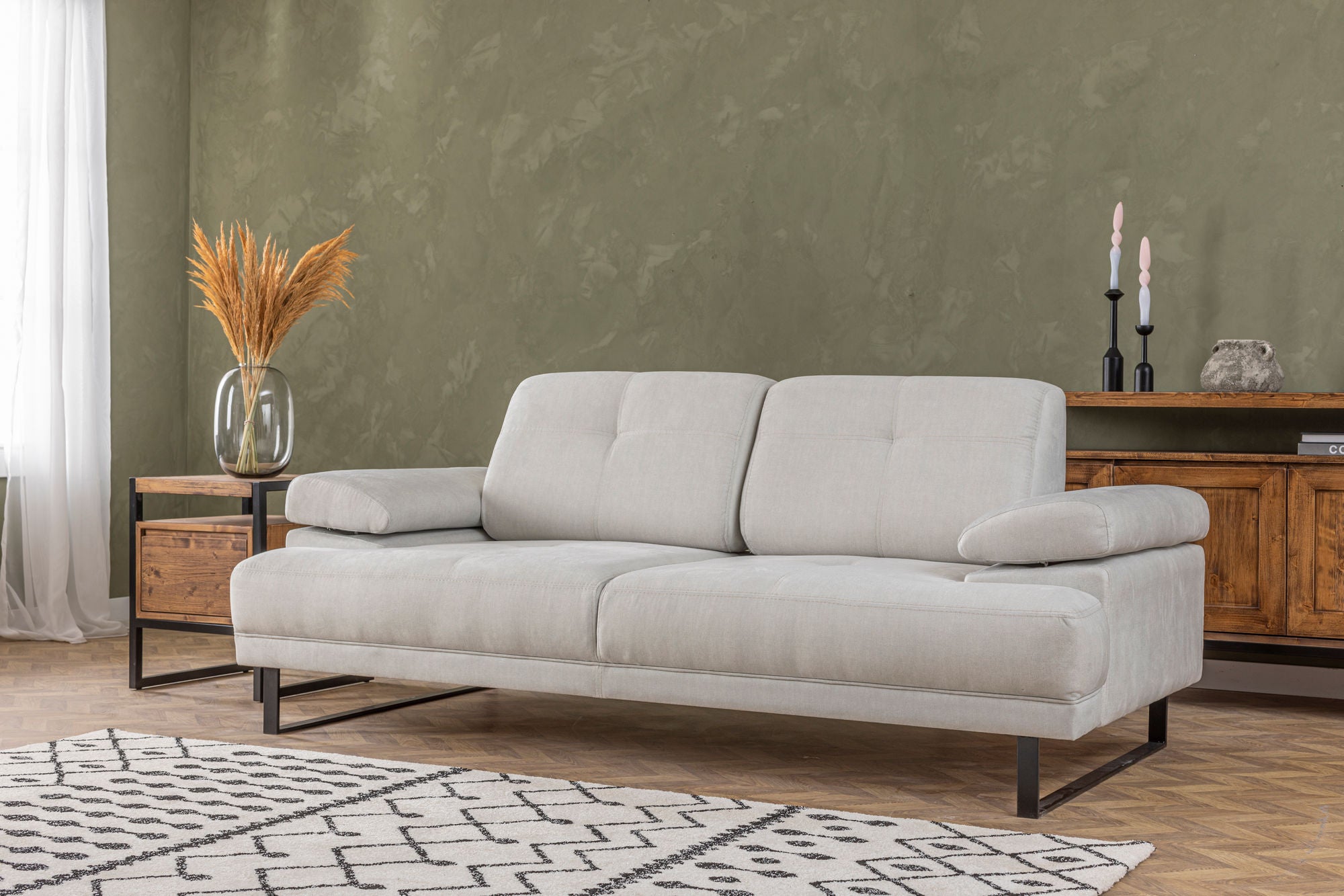 Sofá-cama elegante de 2 lugares, branco, 199 x 99 x 83 cm | Estrutura em madeira de faia e aglomerado, 100% poliéster, encosto ajustável, design industrial moderno