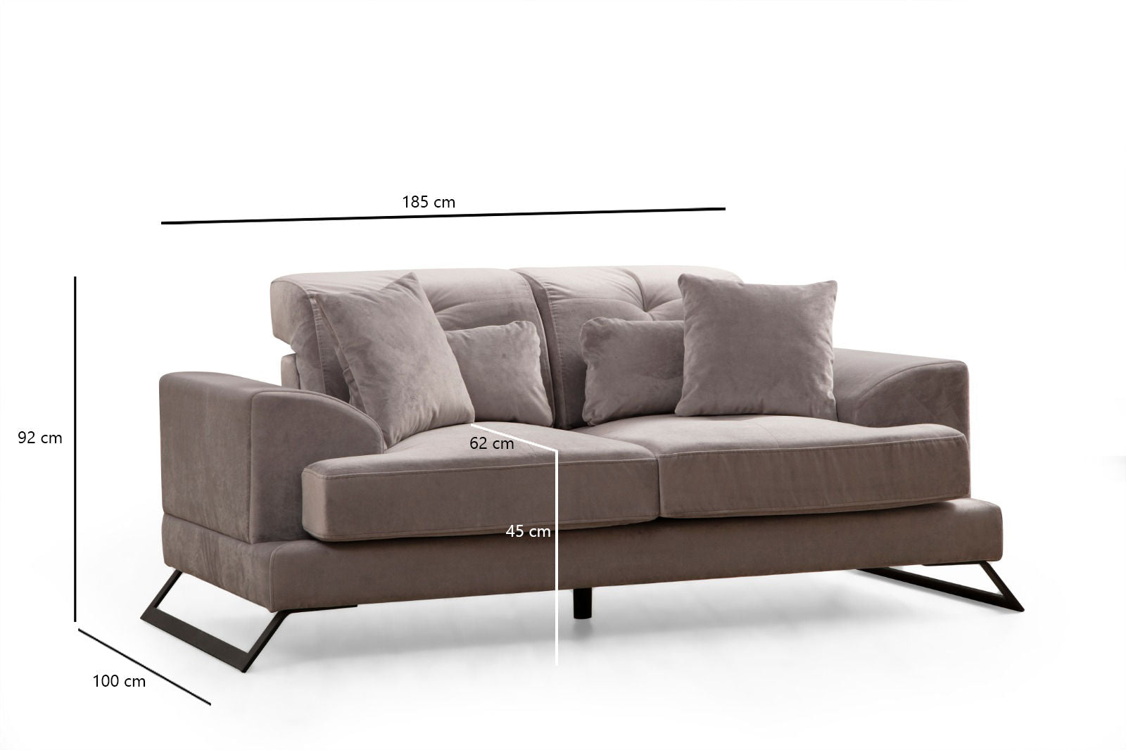 Sofá elegante de 2 lugares, cinza claro, 185 cm | Estrutura em madeira de faia e aglomerado, encosto ajustável, almofadas de espuma macia | Design moderno com pernas em preto fosco
