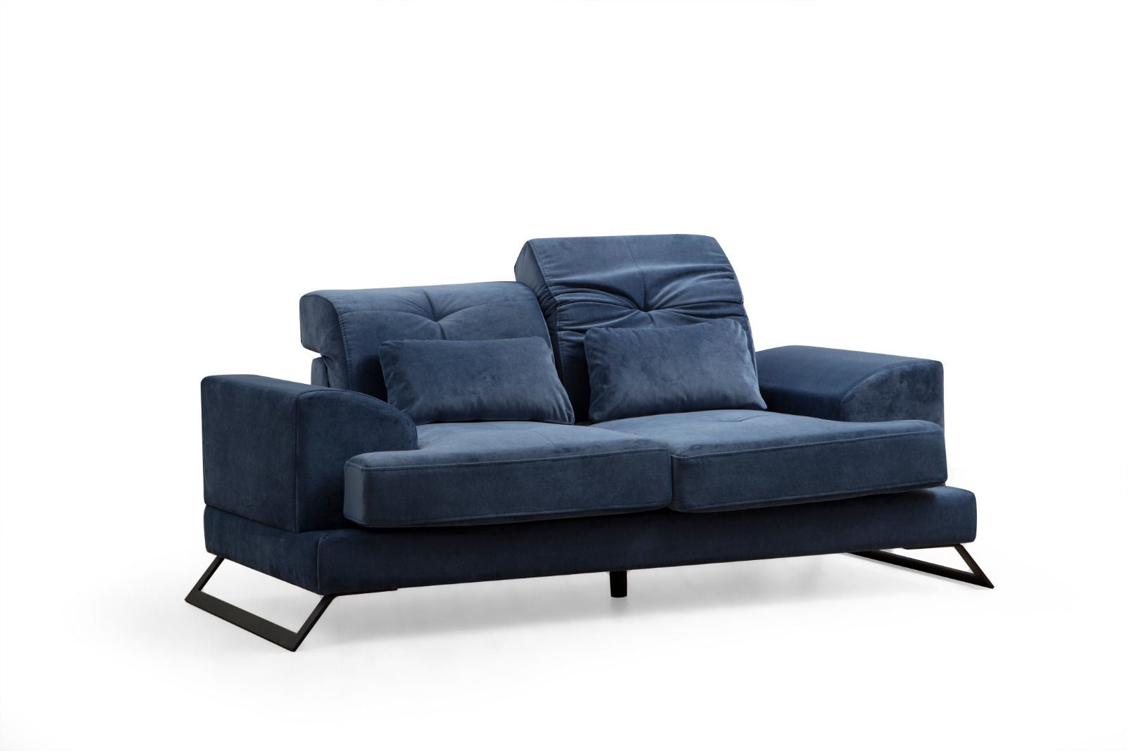 Sofá elegante de 2 lugares, azul-marinho, 185 x 100 x 92 cm | Estrutura em madeira de faia, encosto ajustável, almofadas de espuma macia | Design industrial moderno com pernas pretas foscas