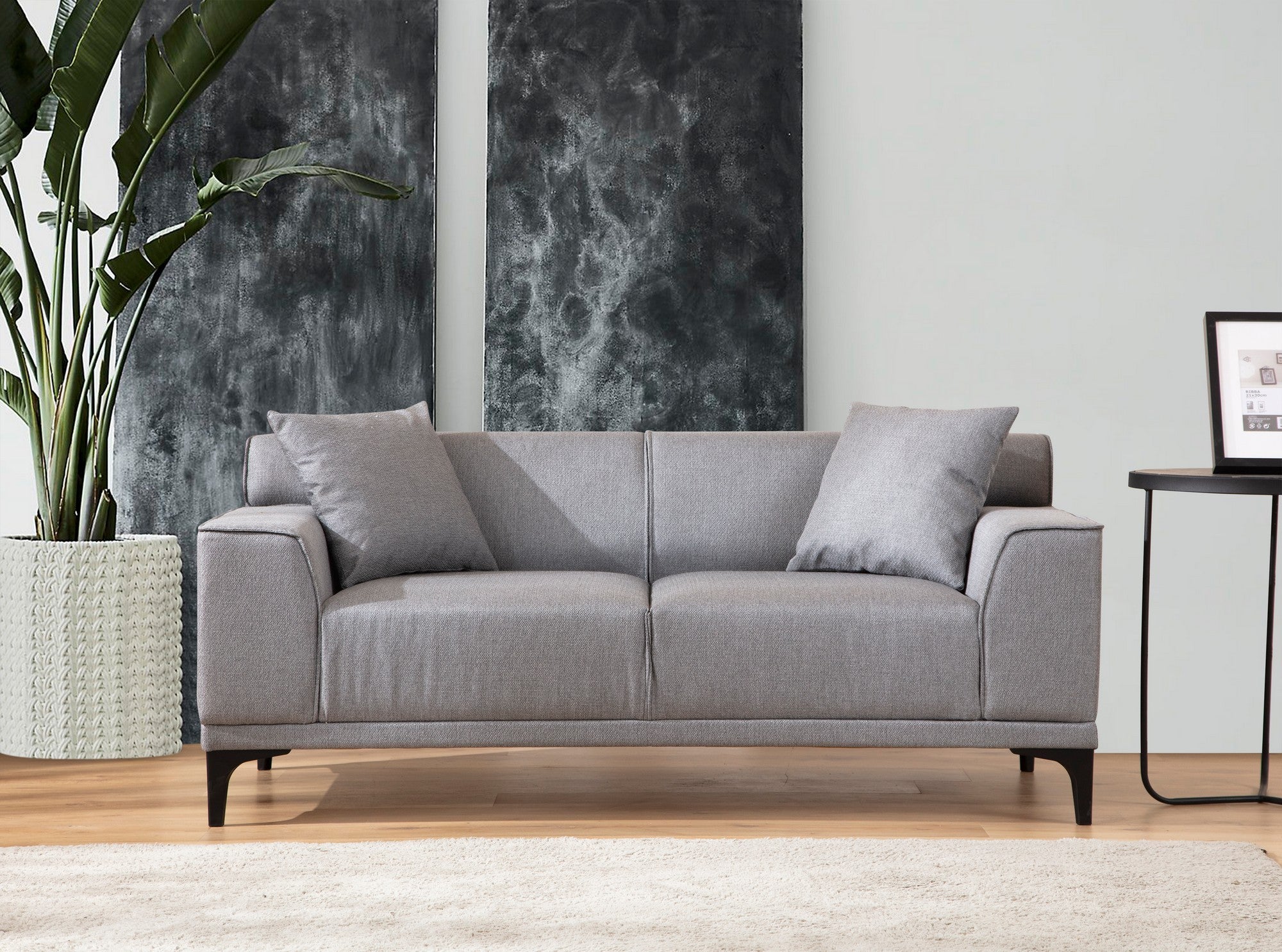 Sofá elegante de 2 lugares, cinza claro, 165 x 87 x 86 cm | Estrutura em madeira de faia, 100% poliéster, almofadas fixas, inclui 2 travesseiros | Perfeito para espaços modernos e industriais