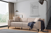 Sofá elegante de 3 lugares, cor fulvo, 215 cm | Estrutura em madeira de faia e aglomerado, tecido 100% poliéster | Almofadas confortáveis de espuma e penas, design moderno