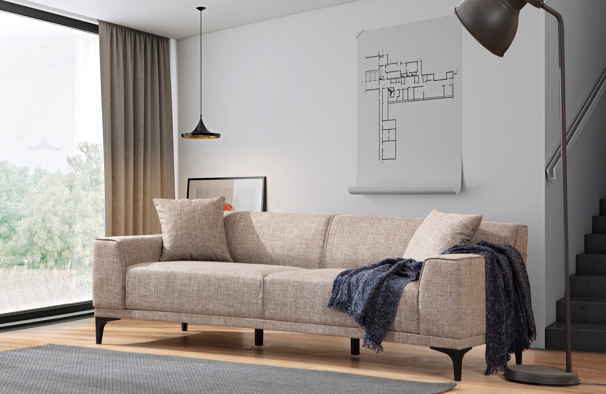 Sofá elegante de 3 lugares, cor fulvo, 215 cm | Estrutura em madeira de faia e aglomerado, tecido 100% poliéster | Almofadas confortáveis de espuma e penas, design moderno