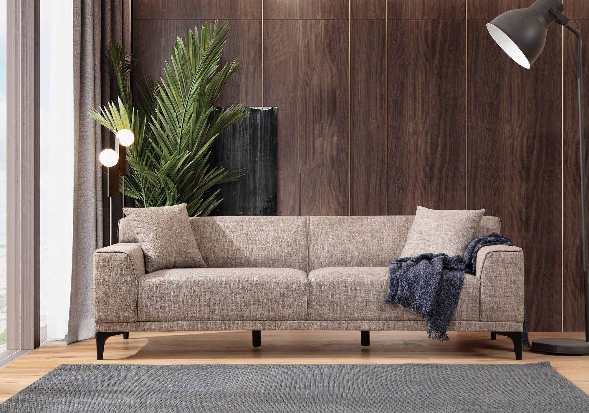 Sofá elegante de 3 lugares, cor fulvo, 215 cm | Estrutura em madeira de faia e aglomerado, tecido 100% poliéster | Almofadas confortáveis de espuma e penas, design moderno