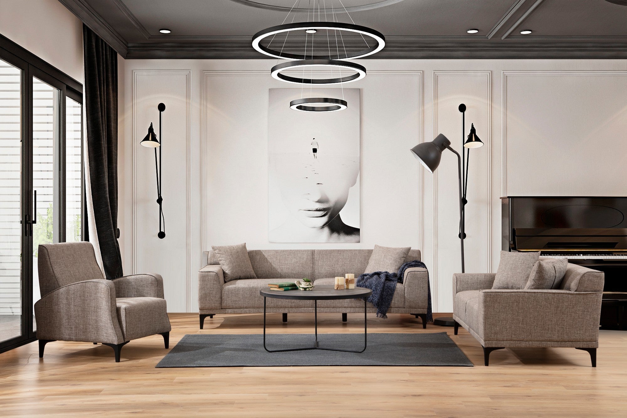 Sofá elegante de 3 lugares, cor fulvo, 215 cm | Estrutura em madeira de faia e aglomerado, tecido 100% poliéster | Almofadas confortáveis de espuma e penas, design moderno
