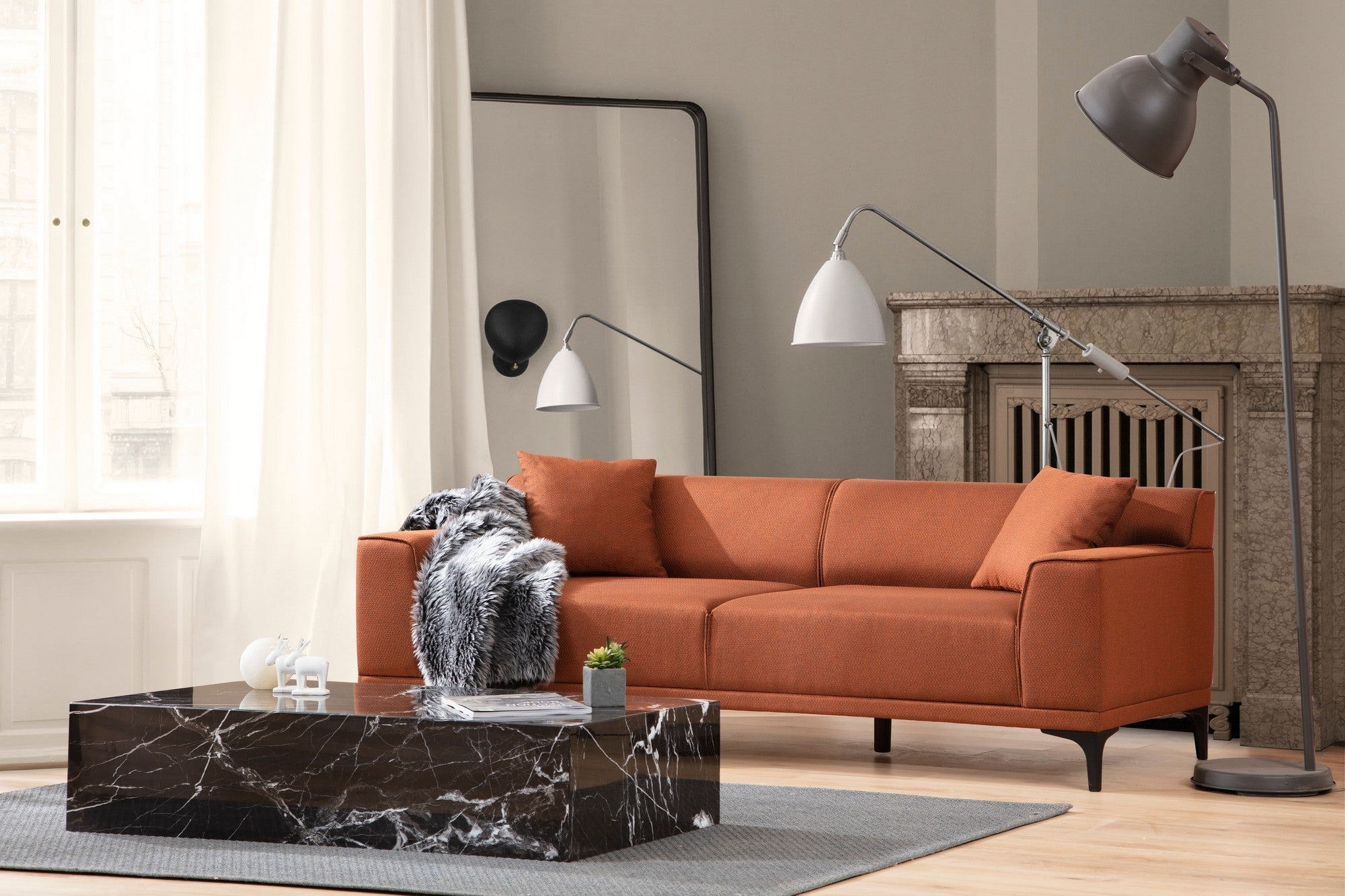 Sofá elegante de 3 lugares em laranja, madeira de faia e estrutura de aglomerado, 215 x 87 x 86 cm | 100% poliéster, almofadas fixas, inclui 2 travesseiros | Design moderno para hotéis e indústria