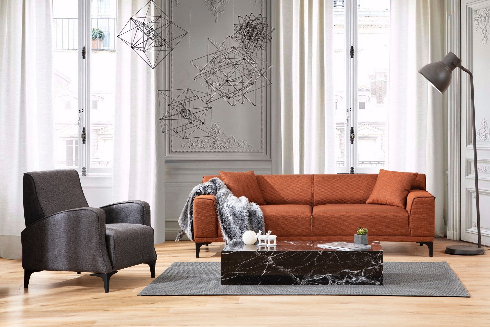 Sofá elegante de 3 lugares em laranja, madeira de faia e estrutura de aglomerado, 215 x 87 x 86 cm | 100% poliéster, almofadas fixas, inclui 2 travesseiros | Design moderno para hotéis e indústria