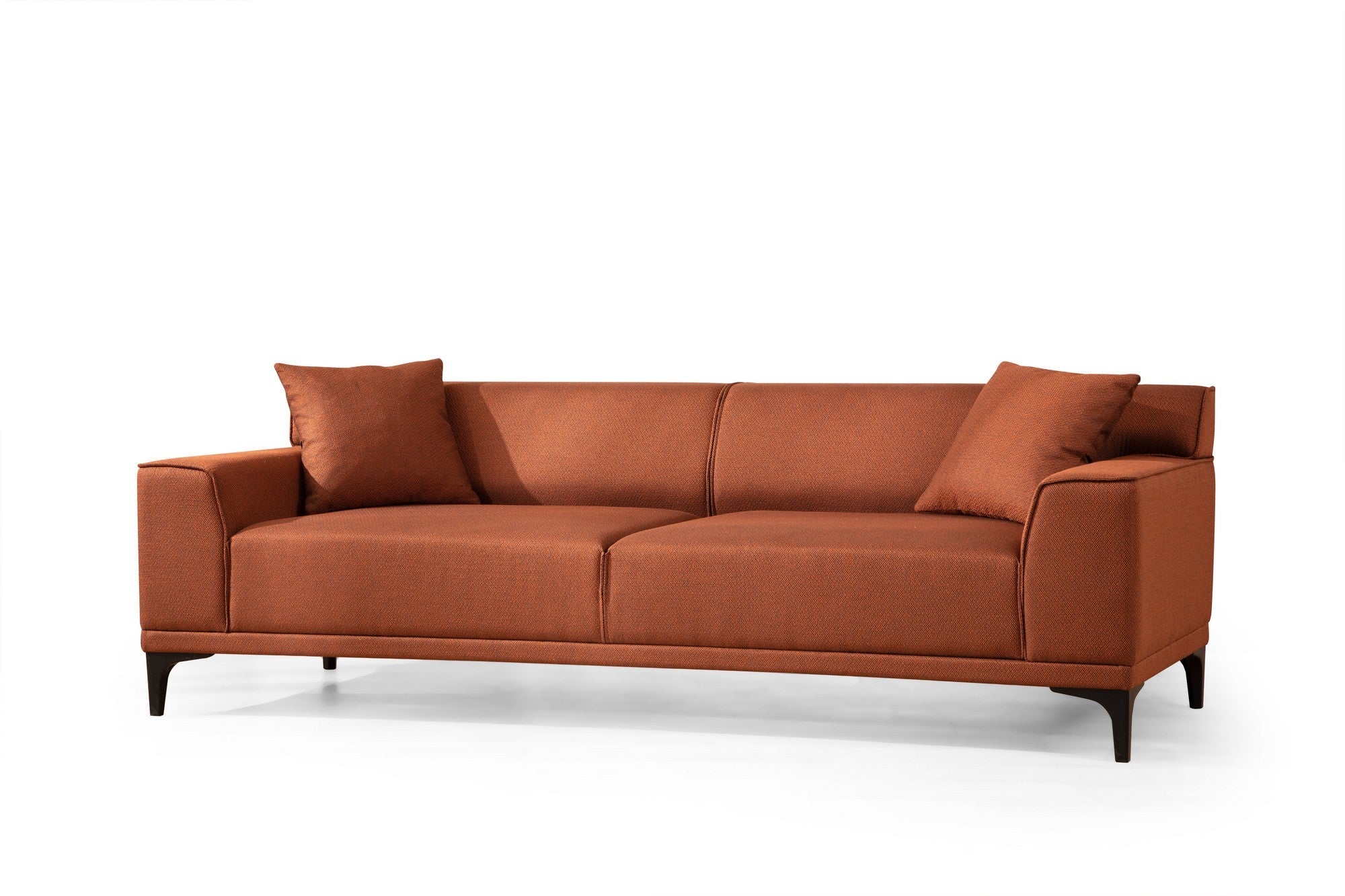 Sofá elegante de 3 lugares em laranja, madeira de faia e estrutura de aglomerado, 215 x 87 x 86 cm | 100% poliéster, almofadas fixas, inclui 2 travesseiros | Design moderno para hotéis e indústria